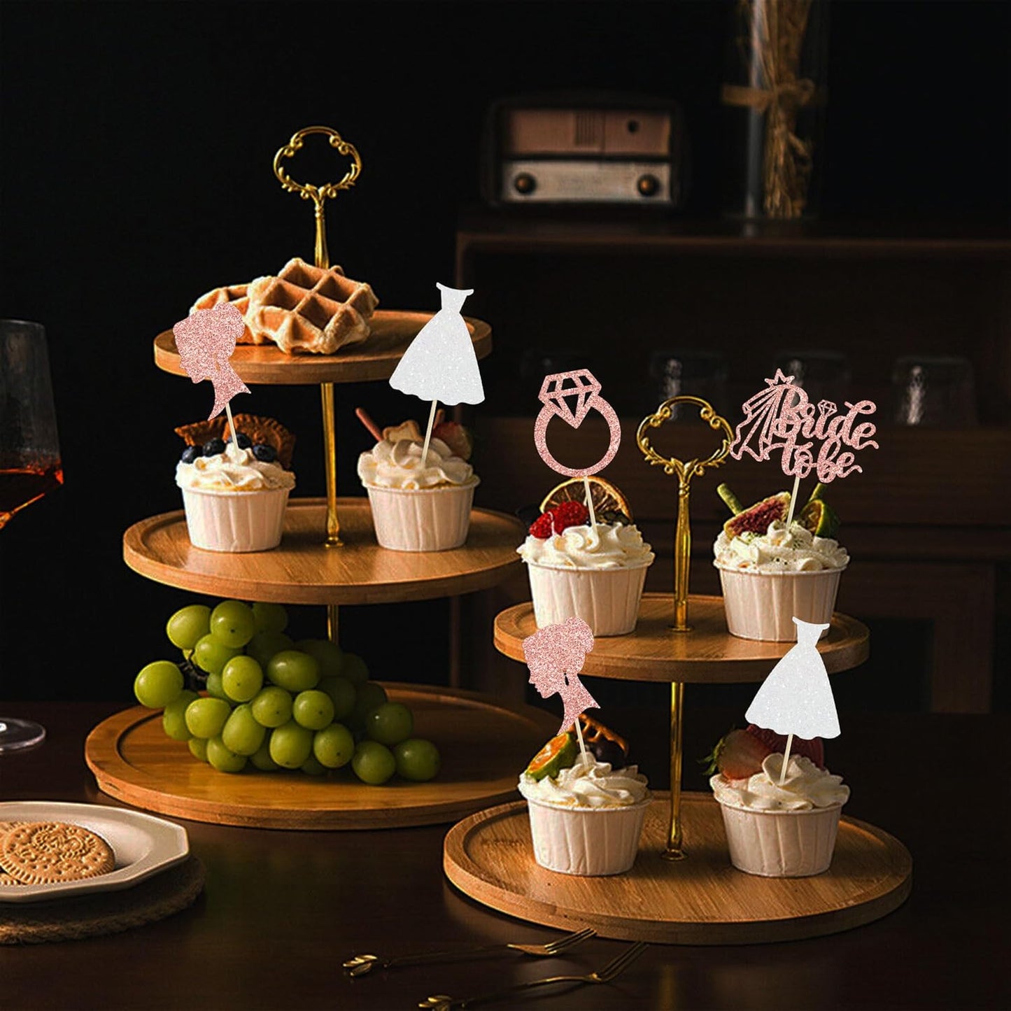 Gyufise 24 Pack Rose Gold Glitter Bride to Be Cupcake Toppers with Heart Ring Dress Bridal Shower Cupcake Picks Wedding Engagement Bachelorette Party Cake Decorations Supplies