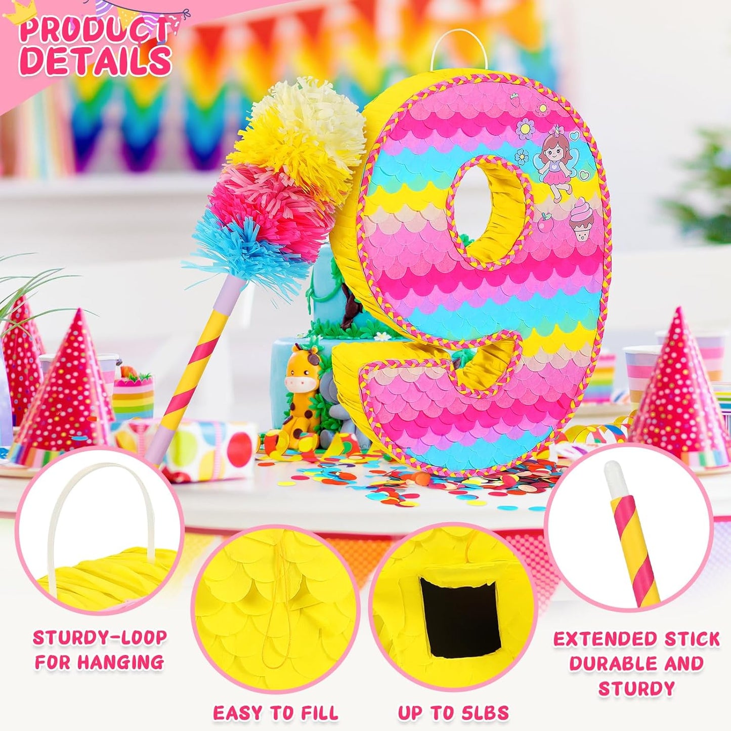 Number 9 Pinata for Birthday Party Decorations, Unicorn Mermaid Theme Pink Piñata Games Toy (9th)
