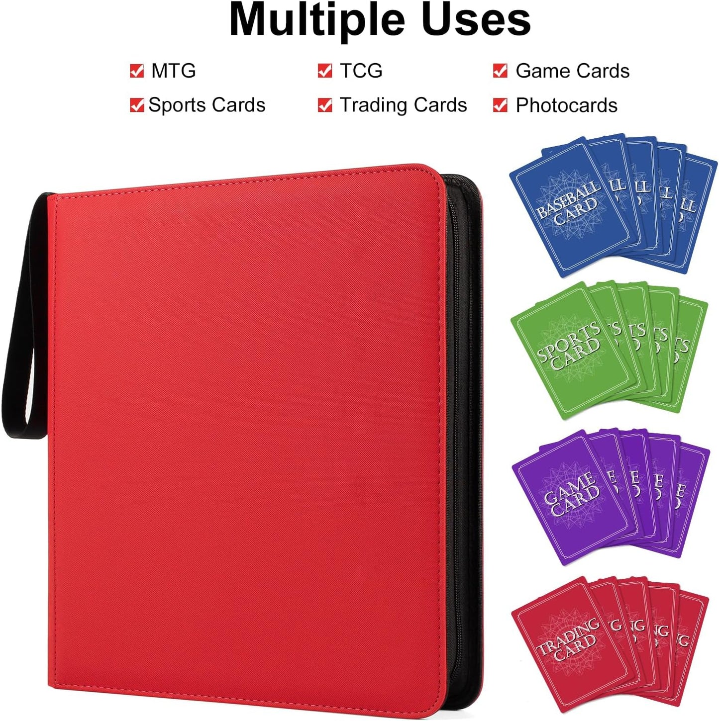 GEAoffice 12 Pocket Trading Card Binder for 720 Cards, Sturdy PU Cover Side Loading Zipper Collection Binder Album for MTG, TCG, Game & Sports Cards, Ringless, Non-PVC, Red
