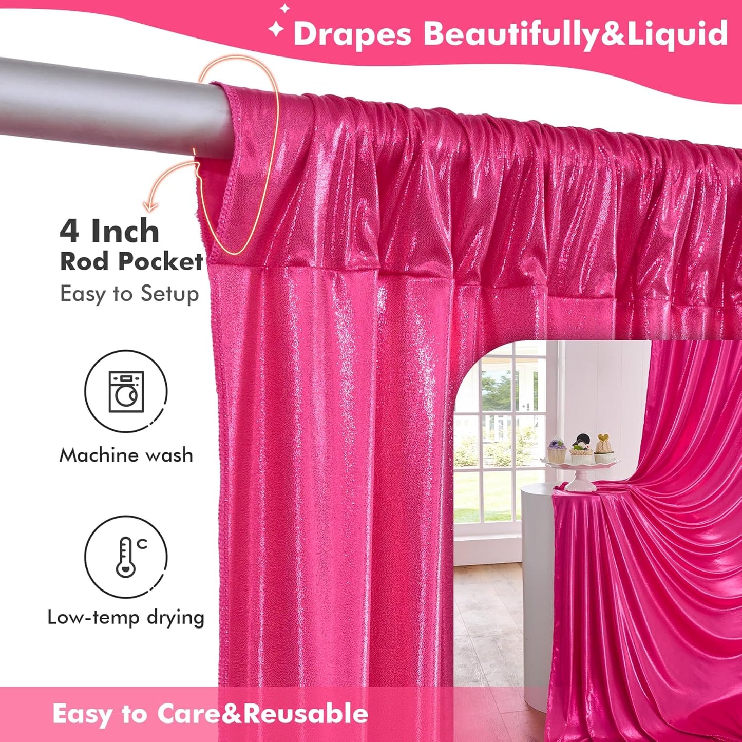 20x10ft Shimmer Hot Pink Sequin Backdrop Curtain for Parties, Thick Wrinkle Free Glitter Fuchsia Photo Backdrop Drapes Curtains for Birthday Wedding Halloween Photography Background-4 Panels 5x10ft