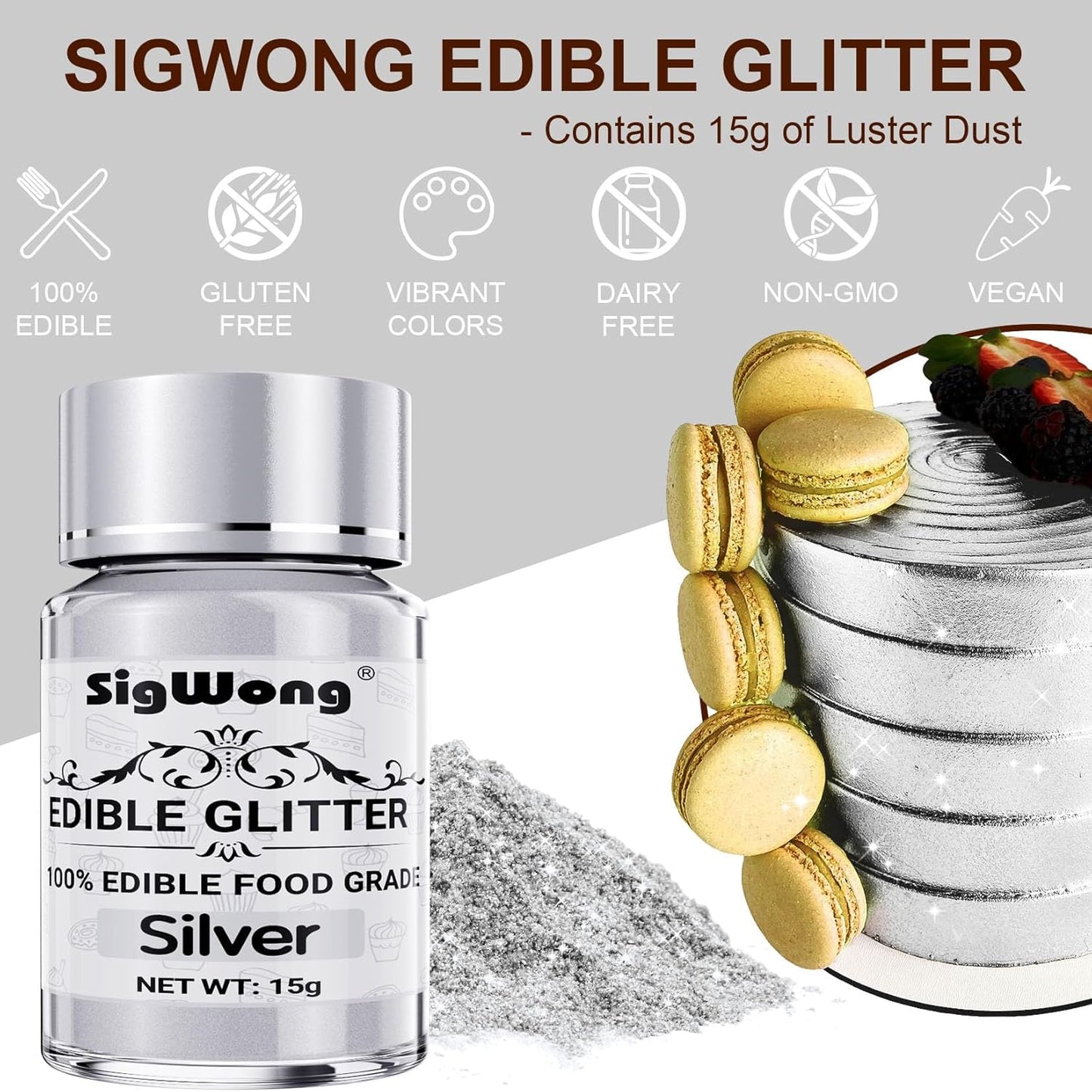 Silver Edible Glitter - 15g Food Grade Luster Dust Powder, Cake Decorating Sprinkle Glimmery Dust for Drinks, Wine, Fondant, Chocolate, Candy, Cookie, Vegan