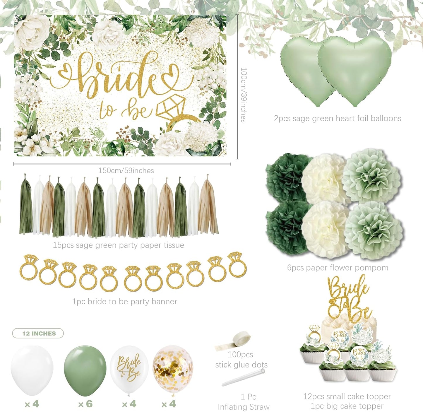 Sage Green Bridal Shower Decorations,Bachelorette Party Decorations, Bride to Be Backdrop, Bridal Shower Balloons, Paper Pom Poms Bride to Be Party Supplies for bridal shower