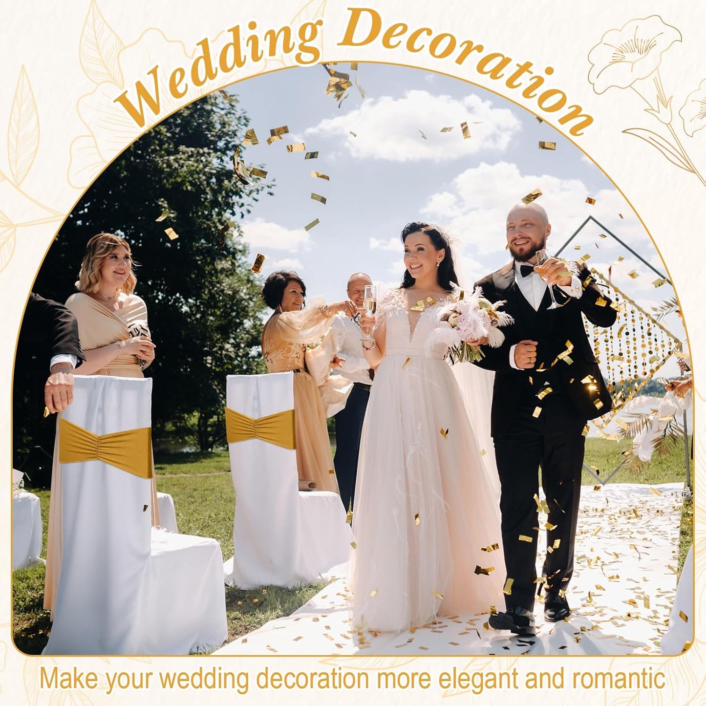 Moukeren 100 Pcs Spandex Chair Sashes Bows Bands Slider Sashes for Chair Covers Elastic Bands Ties Ribbon Decorations for Wedding Party Events Ceremony Birthday Banquet(Gold)