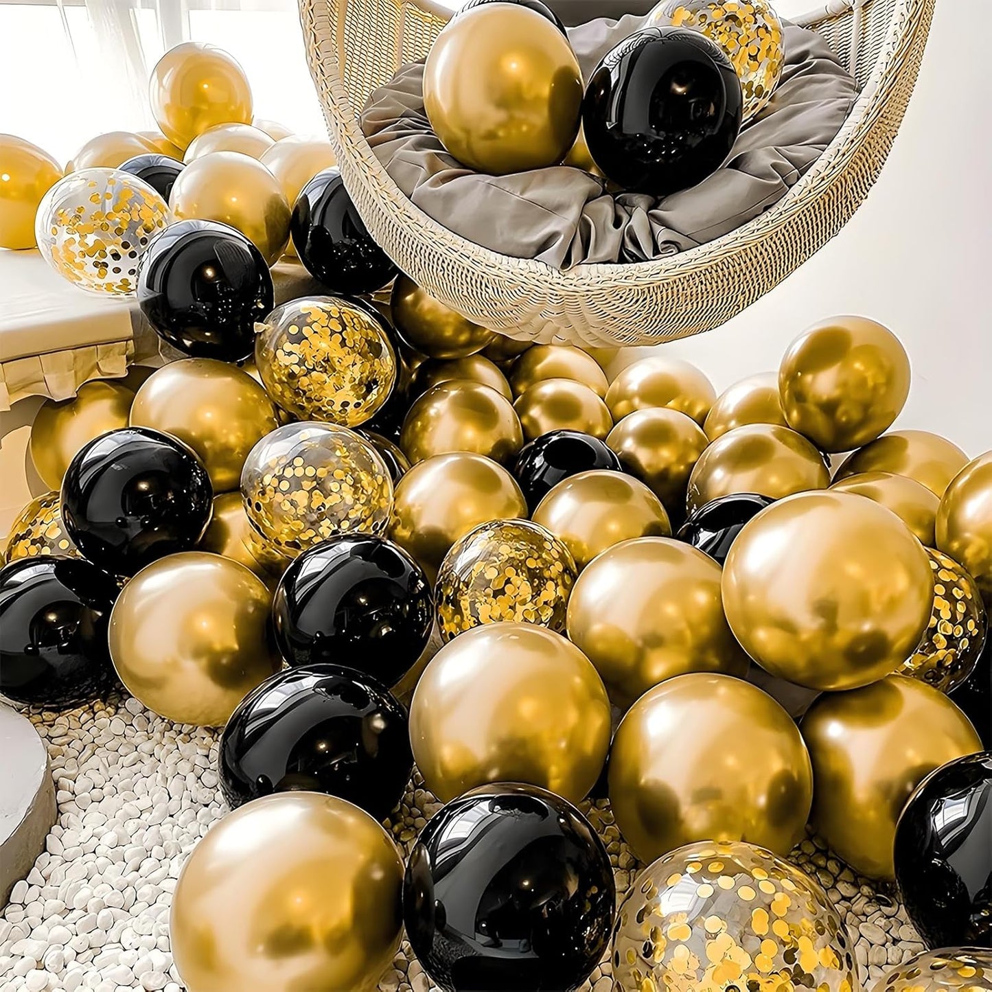 Balloon Column Kit Set of 2 With Confetti Balloons Included - with Base, and Pole,Balloon Tower Backdrop Decoration for Wedding, Baby Shower, Birthday Party, or Bachelorette Parties (Black Gold)