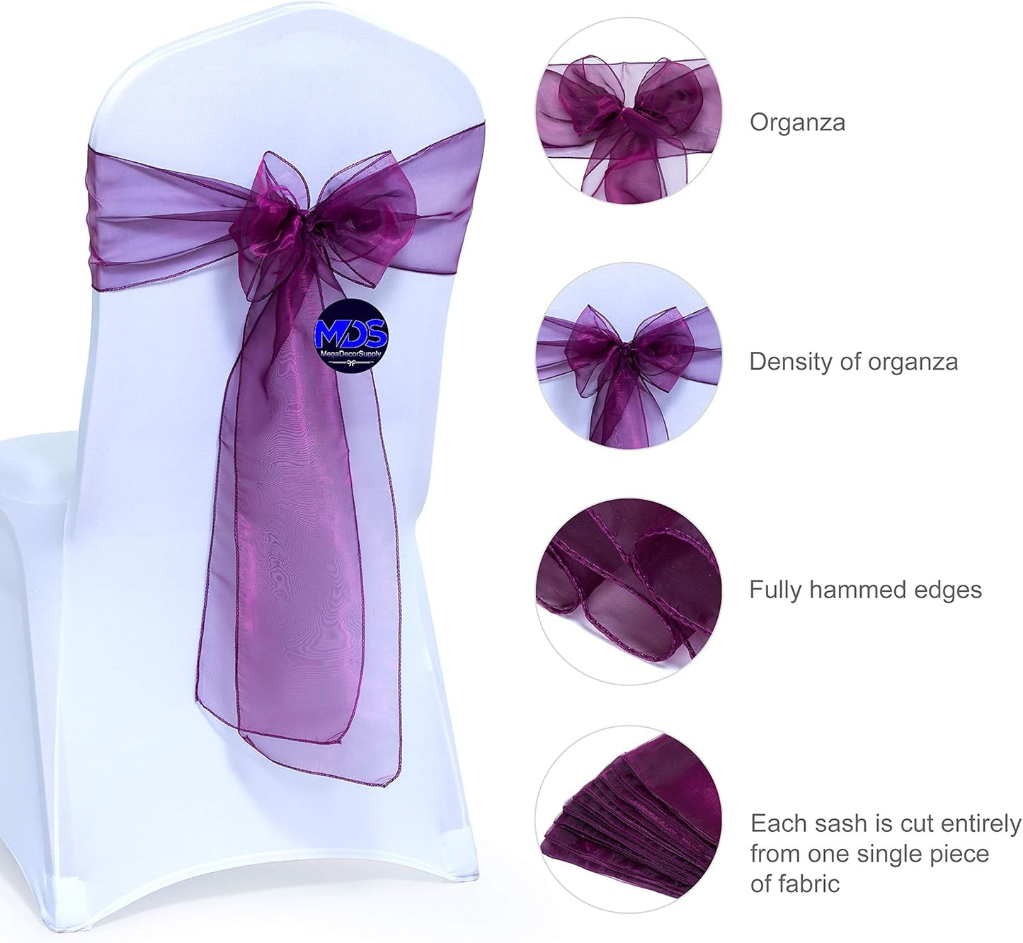 MDS Pack of 200 PCS Organza Chair Sashes Wider Dining Chair Bows Ribbon Tie Back for Wedding Party Birthday Bridal Shower Reception Event Banquet Home Chair Cover Decoration - Eggplant