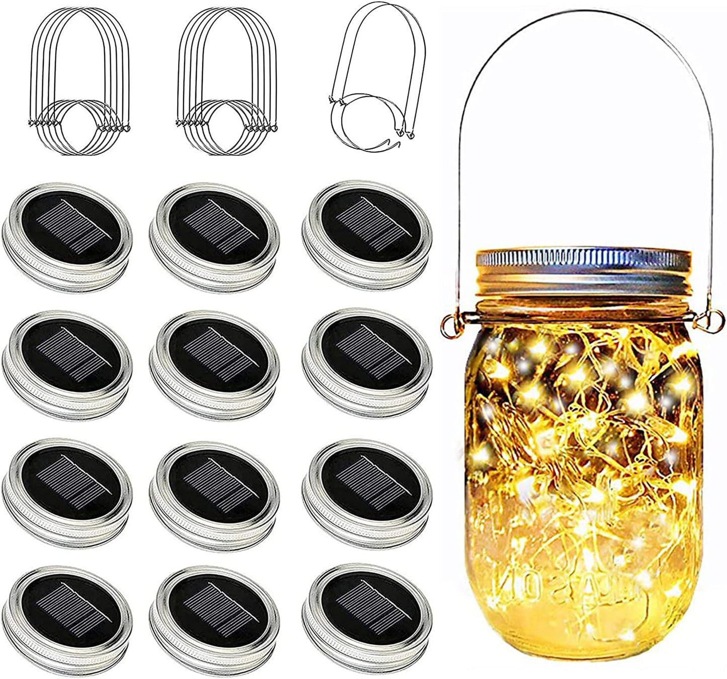 12 Pack Solar Mason Jar Lid Lights - 30 LED Firefly Fairy String Lights, Waterproof Outdoor Solar Lights with Hangers for Regular Mouth Jars (No Jars Included)