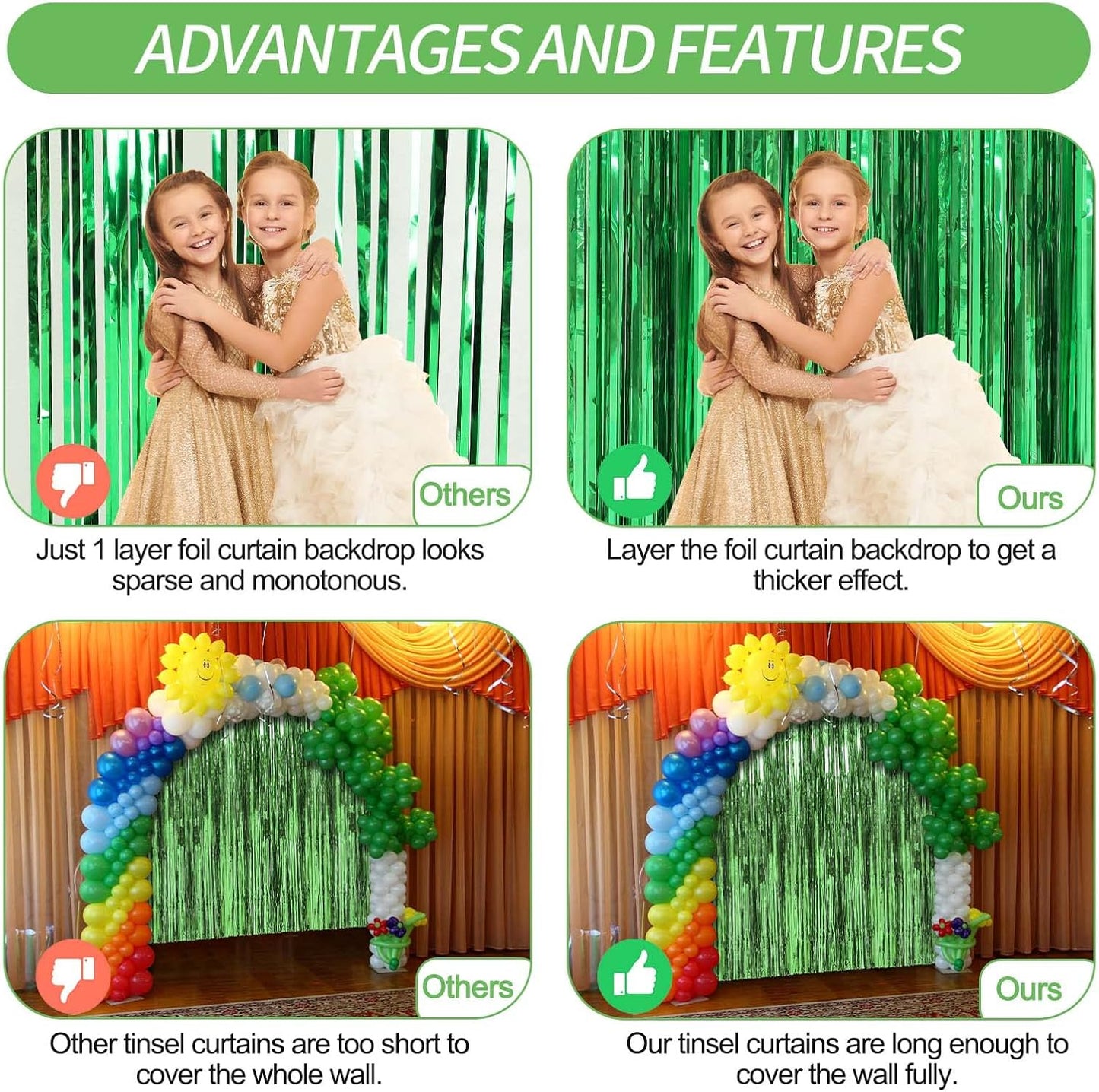 2 Pack Green Foil Fringe Curtains Streamers Party Decorations 3.3 x 8.2 ft, Tinsel Curtain Fringe Backdrop for Parties, Door Fringe Birthday Streamers, Photo Booth Backdrops, Party Decor