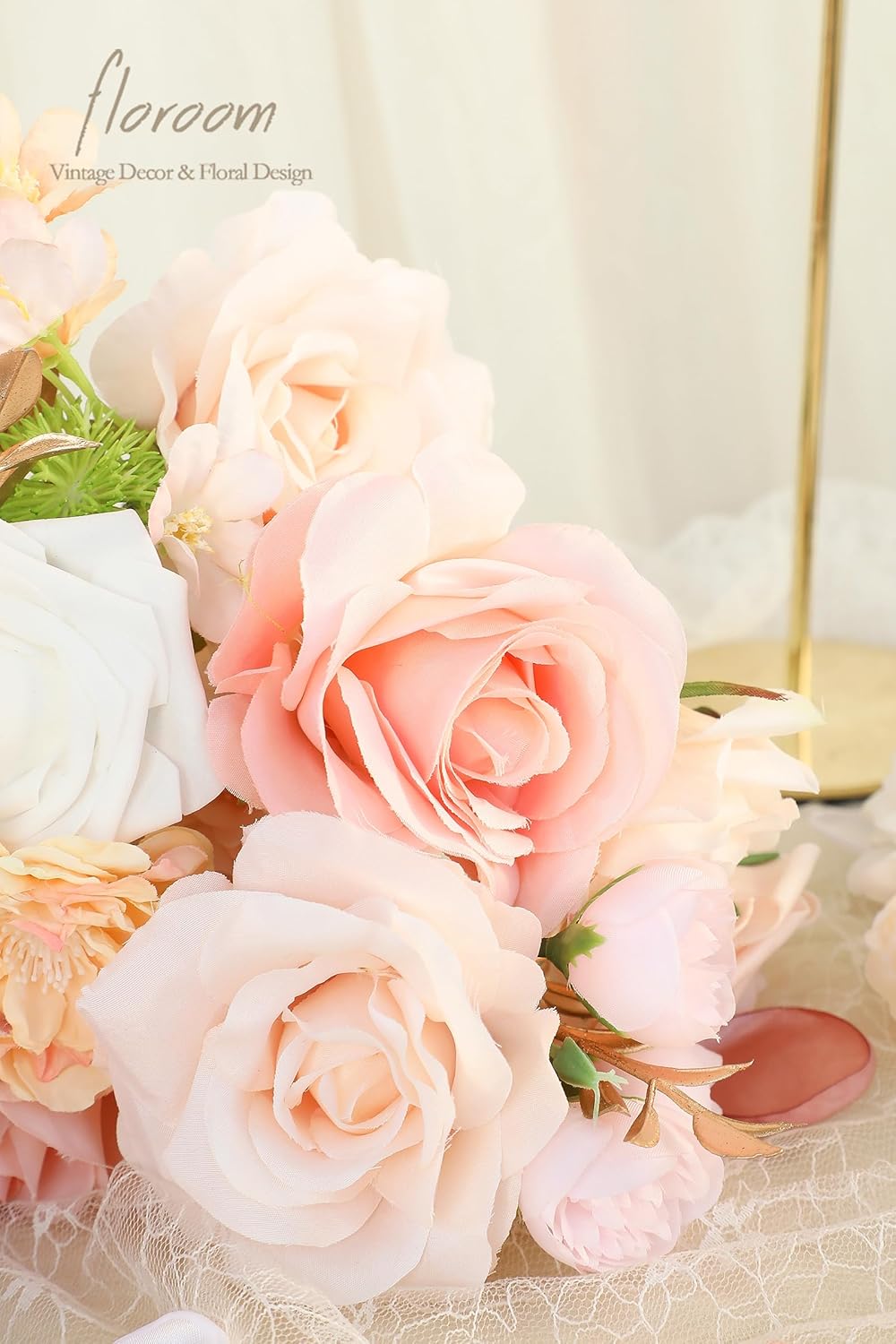 Floroom Blush Peach Pink Artificial Flowers Cream Fake Roses Peonies and Greenery Combo Box Set for DIY Wedding Bouquets Bridal Shower Centerpieces Floral Arrangements Party Tables Home Decorations