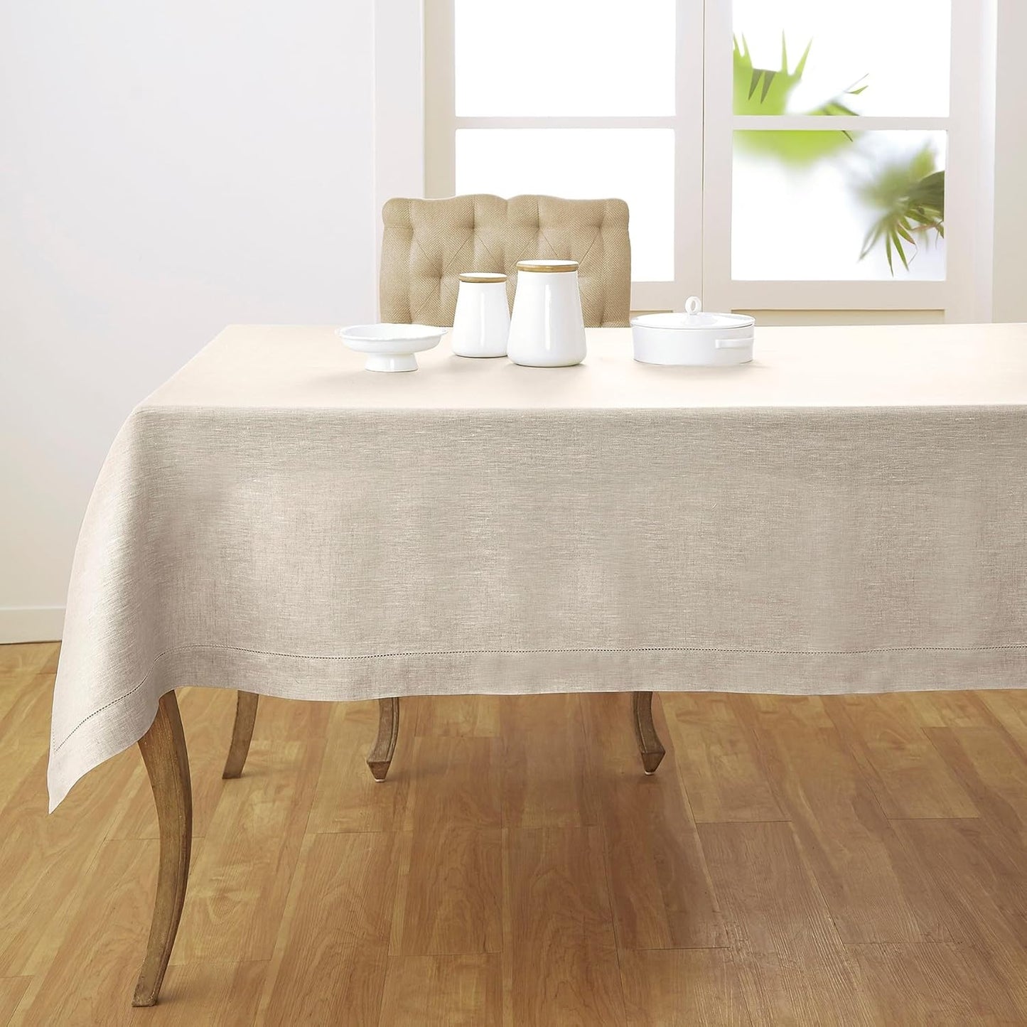 Solino Home Light Natural Linen Tablecloth 52 x 52 Inch - 100% Pure Linen Square Table Throw - Classic Hemstitch, Machine Washable Table Cloth for Fall, Autumn, Thanksgiving, Christmas, Holiday