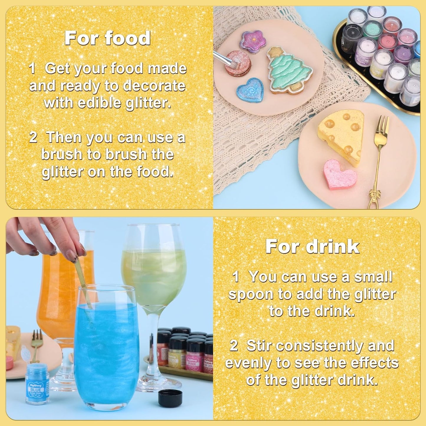 Gold Edible Glitter - 5g Food Grade Cake Decorating Shimmering Glitter, Edible Sprinkle Luster Dust for Drinks, Chocolates, Fondant, Strawberries, Cupcakes, Candy, Cookie - Vegan