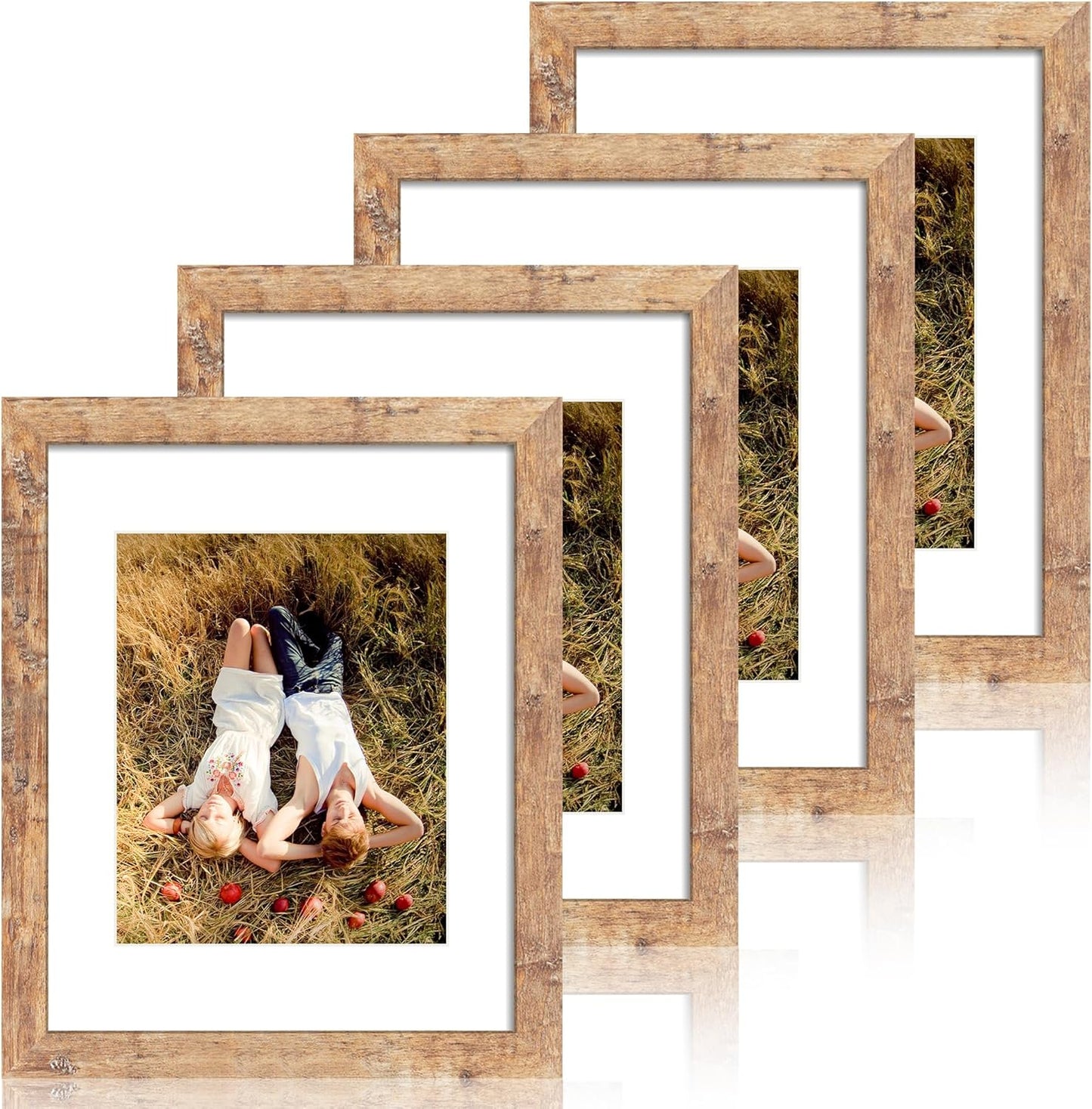 11x14 Picture Frame Set of 4 with Tempered Glass, Rustic Brown Frame Display 8x10 Pictures with Mat or 11 x 14 Without Mat, Wooden Photo Frames for Wall Mounting