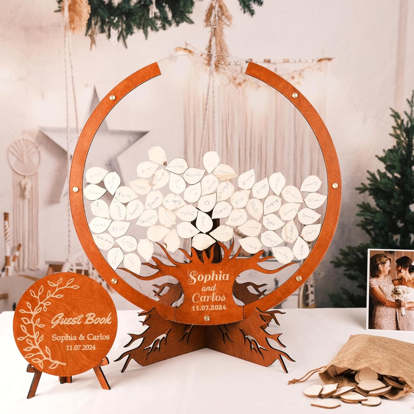 Personalized Wooden Wedding Guest Book Alternative – Rustic Heart Round or Rectangle Shape with Acrylic Display – Custom Gift for Couples