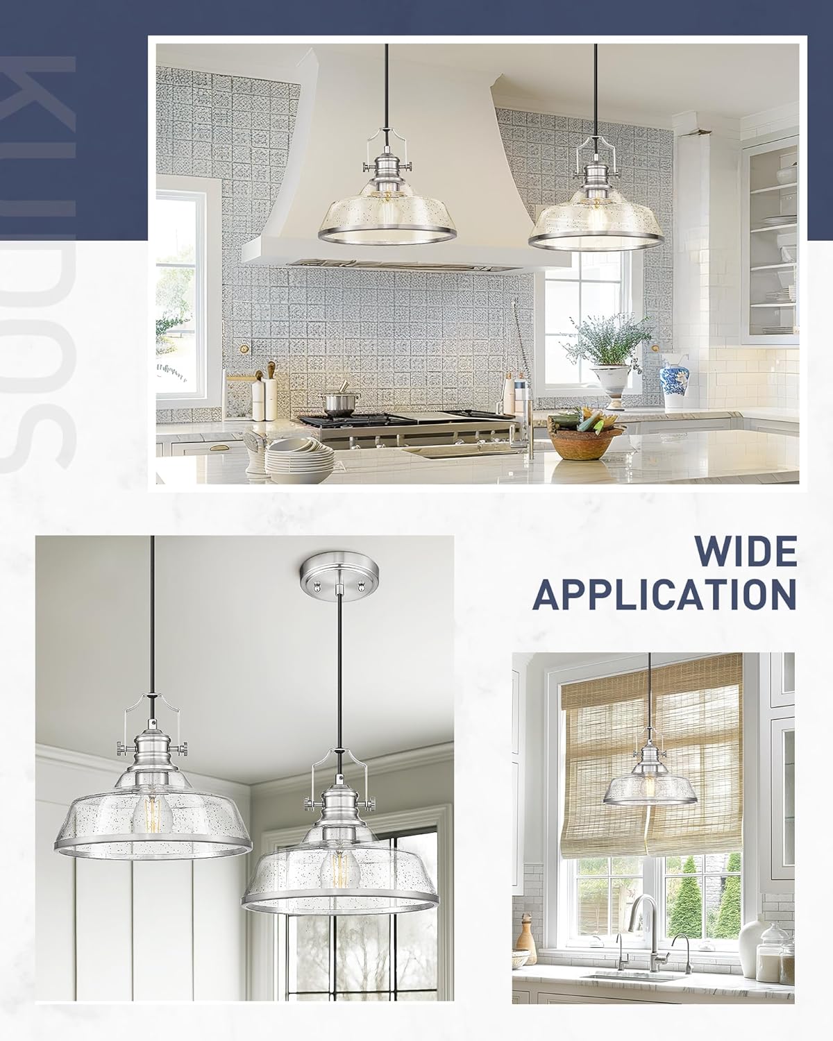 kudos Brushed Nickel Pendant Lights Kitchen Island, Large Pendant Light with Seeded Glass, Industrial Hanging Lighting for Kitchen Sink Dining Room Bathroom,KDPL13-BN-S