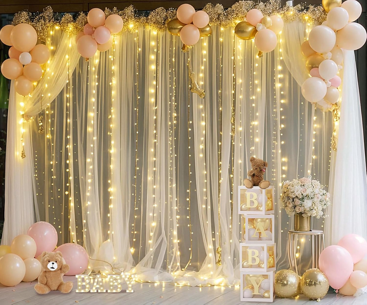 10ft x 10ft Champagne Tulle Backdrop Curtain with Lights String for Parties Wedding Bridal Shower Sheer Champagne Curtain Backdrop for Birthday Party Baby Shower Photo Booth Decorations