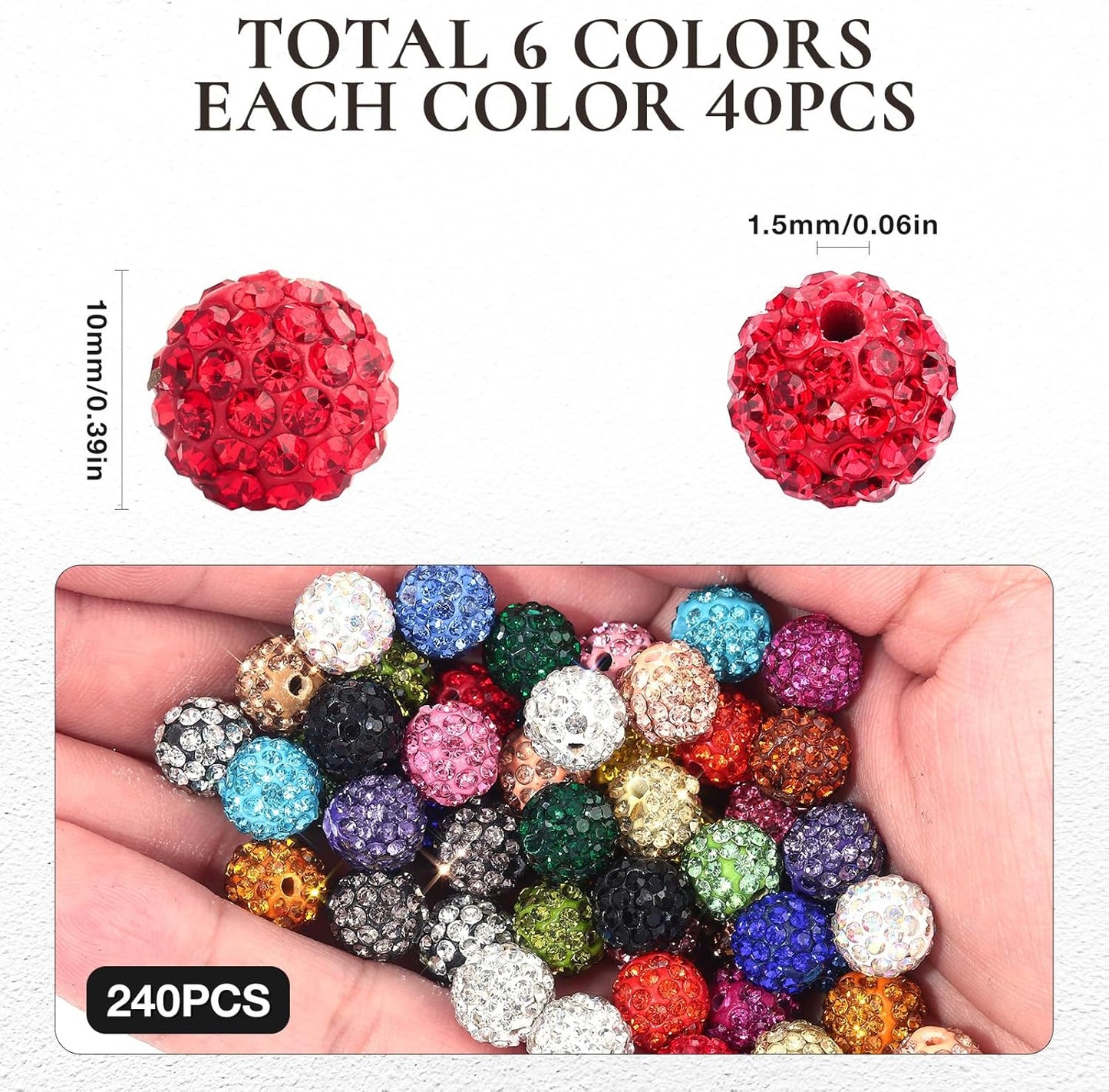 240pcs 24 Colors Rhinestone Beads for Crafts, Sparkle Round Crystal Disco Ball Clay Rhinestone Beads for DIY Jewelry Making Bracelet, Necklace, Earring and Christmas Decoration (10mm)