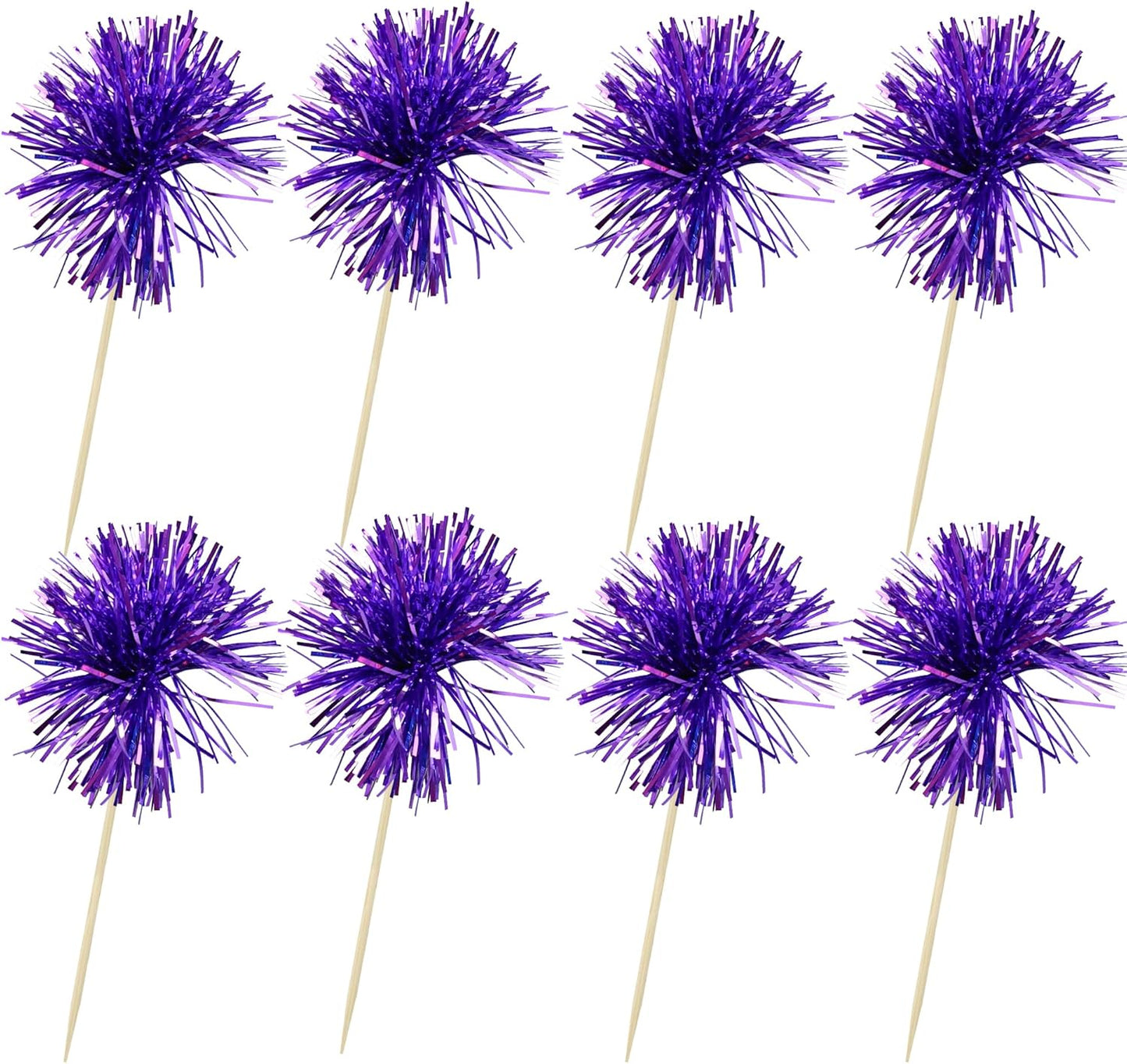 Ephlyn 30Pcs Foil Firework Cupcake Toppers Party Birthday Cake Toppers Supplies Sparkle Tinsel Cocktail Fruit Toothpick for Birthday Wedding Graduation Party Supplies Purple