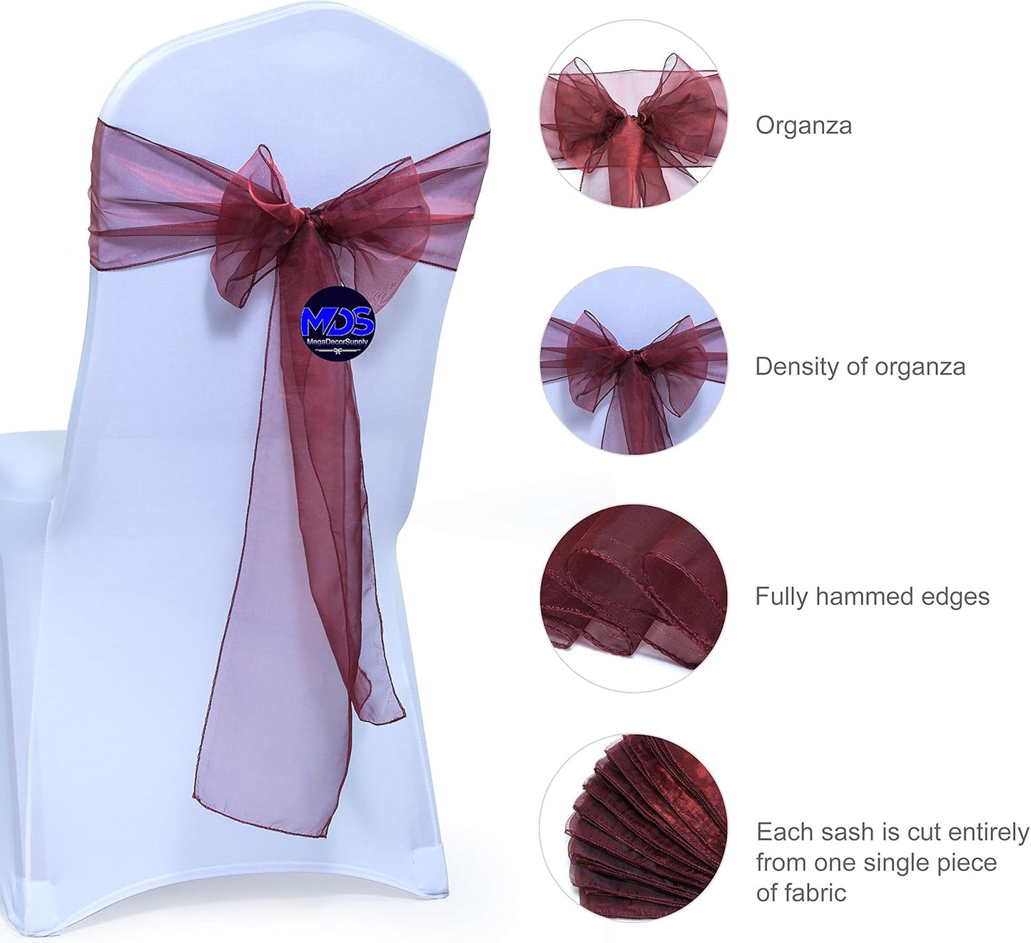 MDS Pack of 200 PCS Organza Chair Sashes Wider Dining Chair Bows Ribbon Tie Back for Wedding Party Birthday Bridal Shower Reception Event Banquet Home Chair Cover Decoration - Burgundy