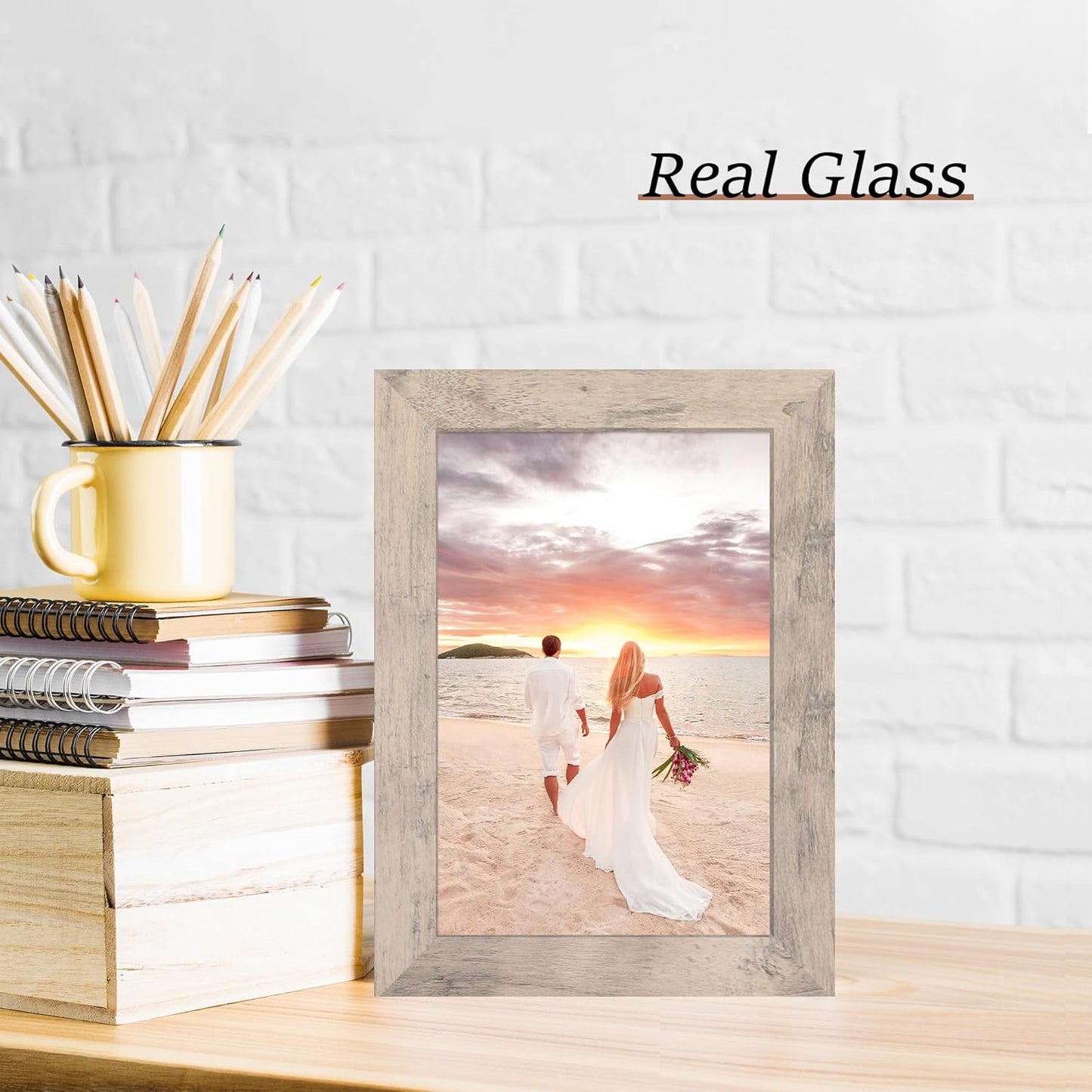 6x9 Picture Frame Set of 4, Smoke Gray Frame with High Definition Glass, 6 x 9 Wood Rustic Photo Frames for Horizontal or Vertical Tabletop and Wall Mounting