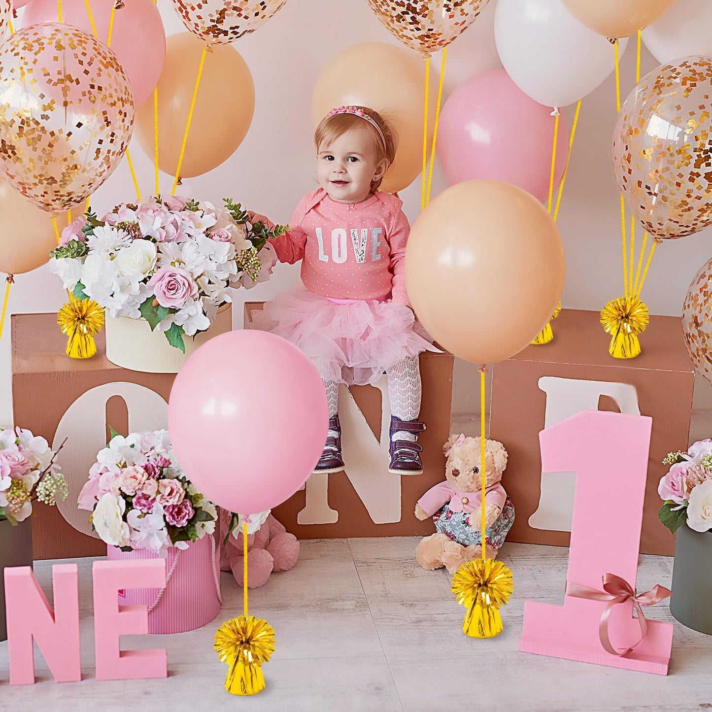 24 PCS Balloon Weights Metallic Anchor, Balloon Holder Heavy Weights with and 1 Roll Iridescent Crimped Ribbon for Balloons Table Party Favor Birthday Decor(Gold)