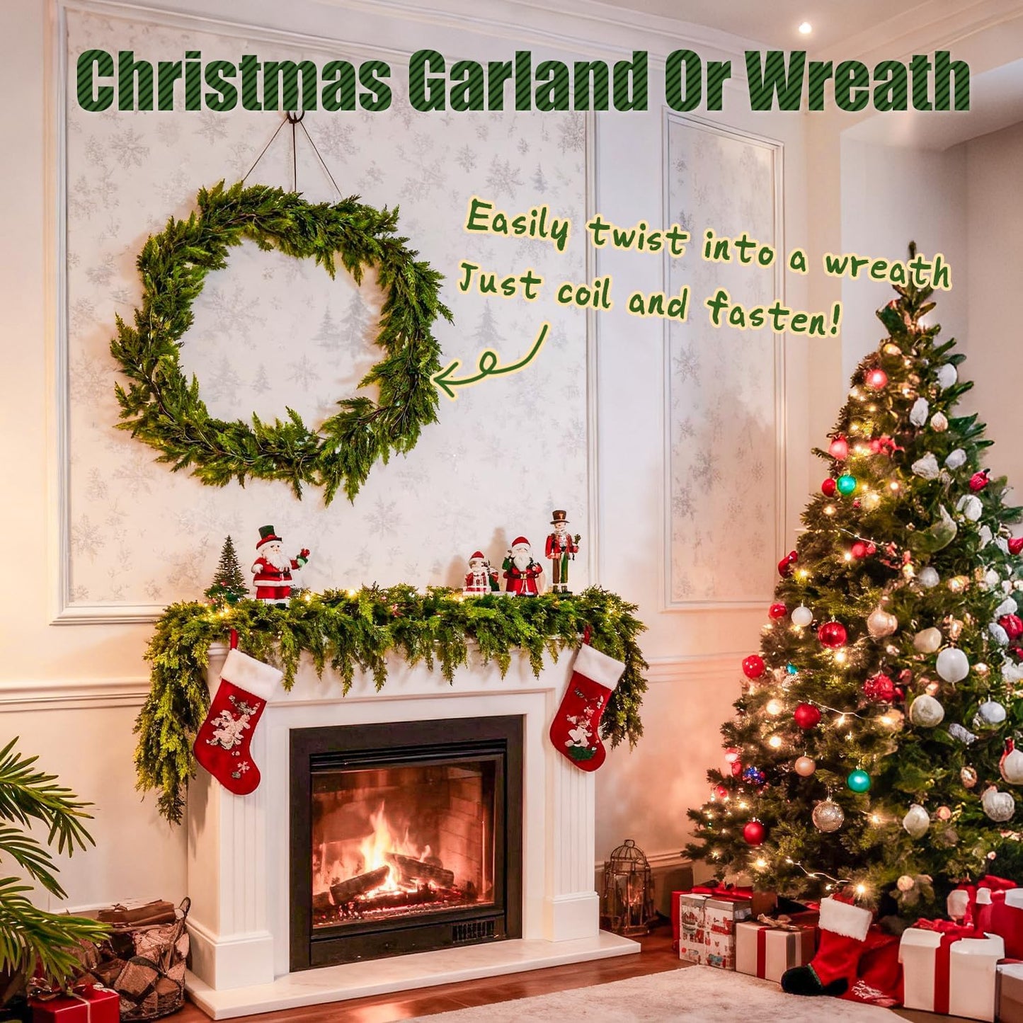 9ft Christmas Cedar Garland Artificial Realistic, Real Touch Greenery Garlands for Decoration, 2025 New Pine Garland for Mantle Table Fireplace Stairs Outdoor Indoor Christmas Decorations