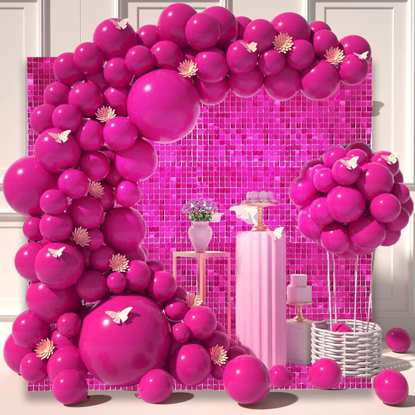 24PCS Hot Pink Shimmer Wall Backdrop, Square Sequin Backdrops Panel, Glitter Wall Background for Birthdays, Weddings, Graduation, Engagements, Disco Bachelorette Party Decoration (4FTx6FT)