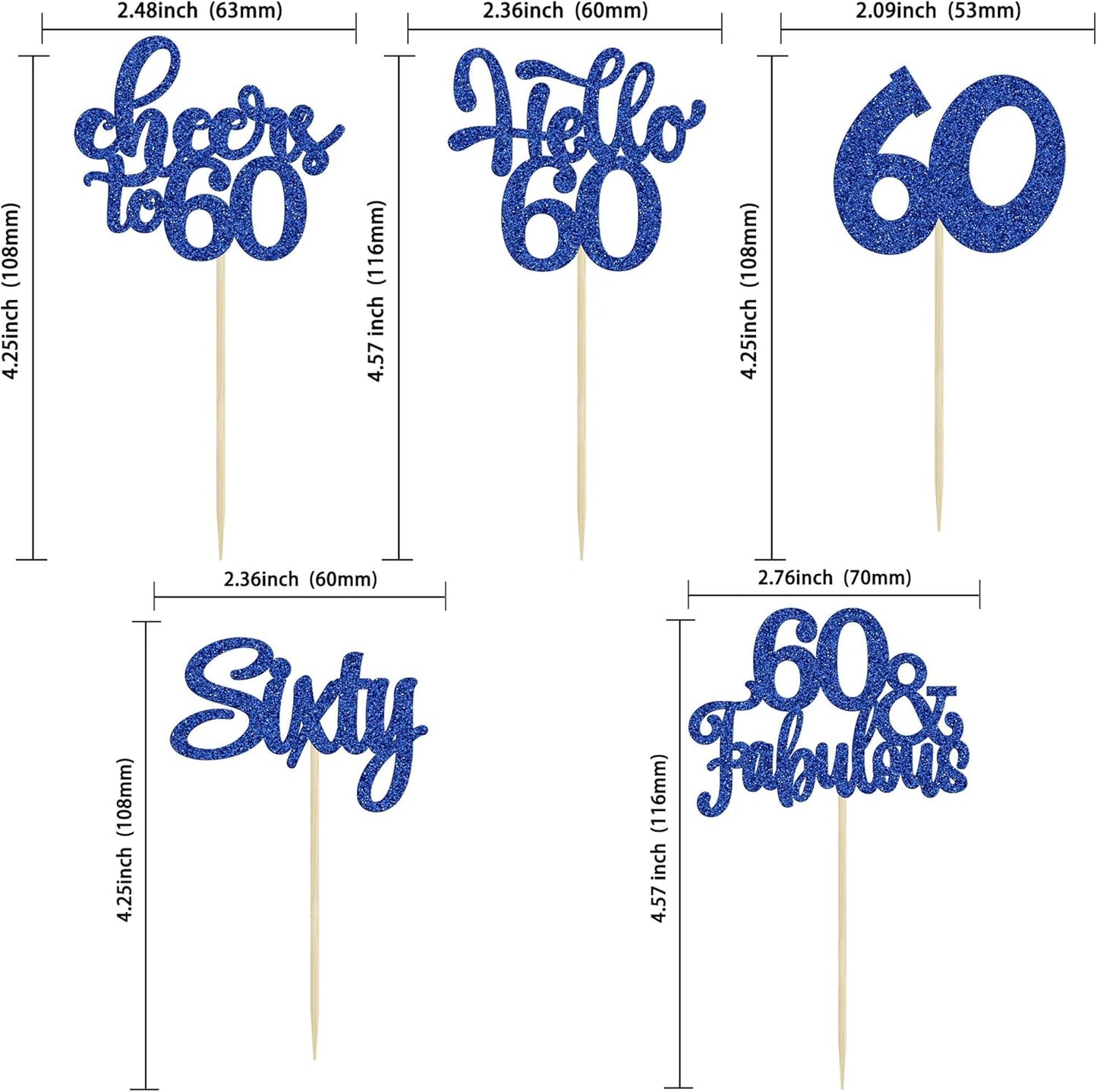 30Pcs Happy 60th Birthday Cupcake Toppers Deep Blue Glitter Sixty Cake Toppers Cheers to 60 Years Old Birthday Cupcake Picks for 60th Birthday Anniversary Party Cake Decorations Supplies
