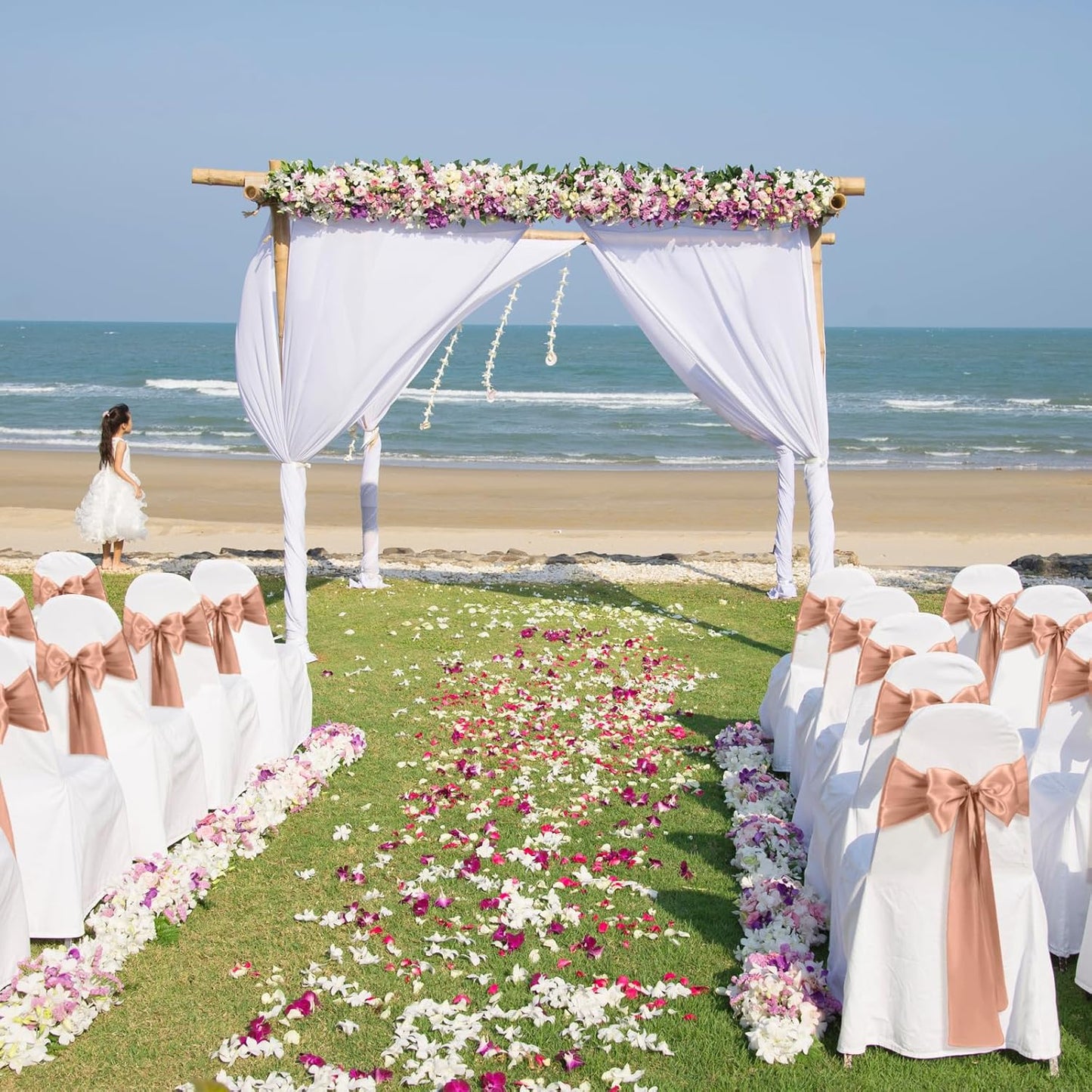 50 PCS Rose Gold Satin Chair Sashes Bows Universal Chair Ribbon Ties Back Sash for Wedding Party Reception Events Banquets Hotel Event Chair Cover Decoration (7x108 inch)