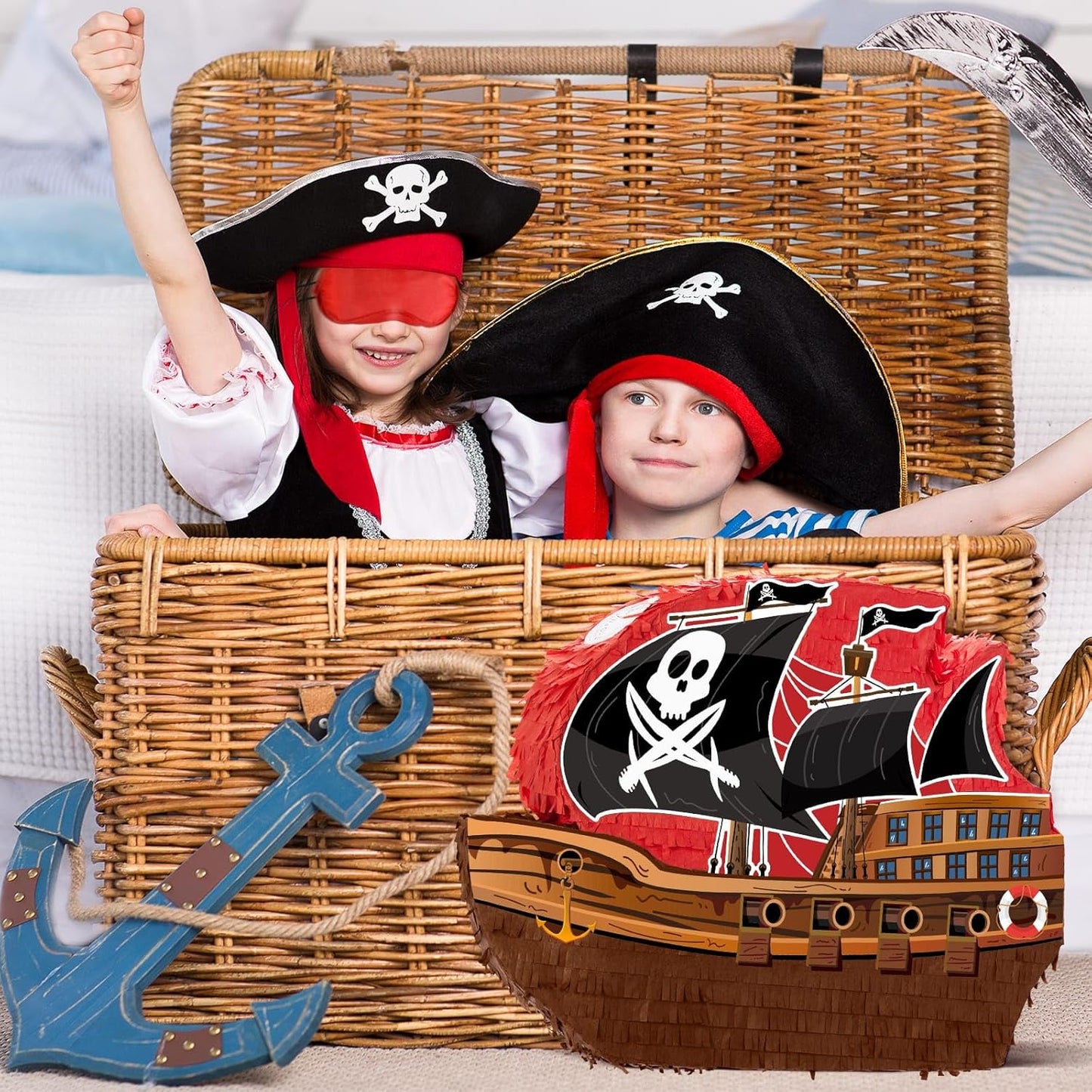 WERNNSAI Pirate Piñata - Pirate Ship Piñata with Blindfold and Bat for Boys Kids Caribbean Pirate Piñata Birthday Party Favors Decorations Family Games Pirate Party Supplies 16.4” x 12.4”