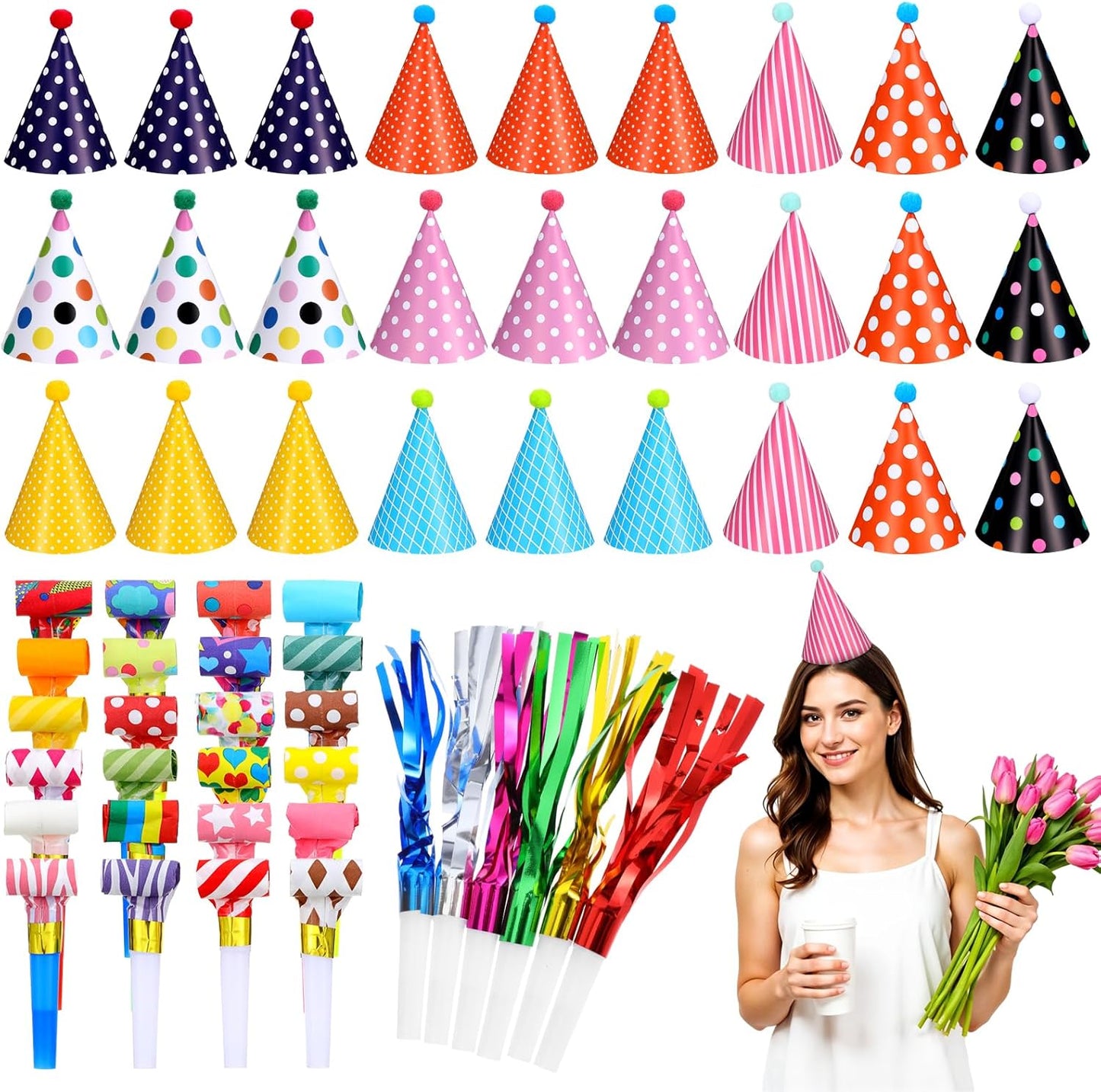 117 Pcs Birthday Party Cone Hats Muti-Color Birthday Cone Headwear Kids Cute Party Hat with Dragon Tassel Noise Makers Whistles Pom Poms Elastic Cord for Kids Baby Shower Costumes Supplies