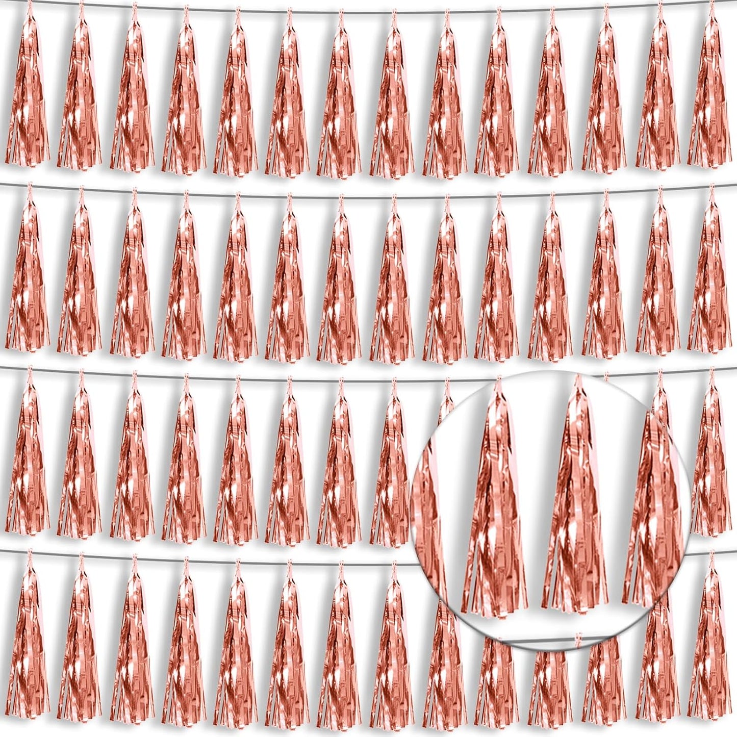 4P Rose Gold Foil Fringe Tassel Banner Garland Metallic Tinsel Streamers Wall Hanging Curtain Backdrop Banner for Parade Floats, 2024 Graduation Decorations, Wedding Party Decoration