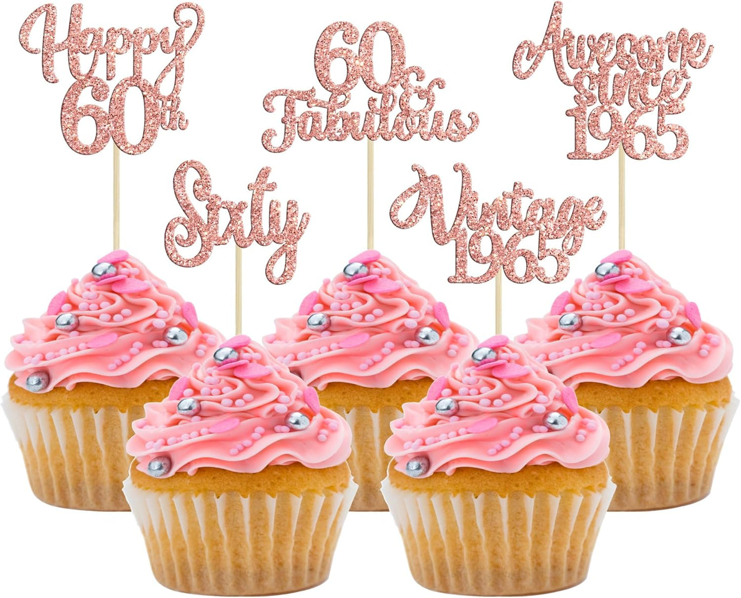 30Pcs Vintage 1965 Cupcake Toppers Glitter Sixty 60 Fabulous Happy 60th Birthday Cupcake Picks Cheers to 60 Years for 60th Birthday Anniversary Party Cake Decorations Supplies Rose Gold