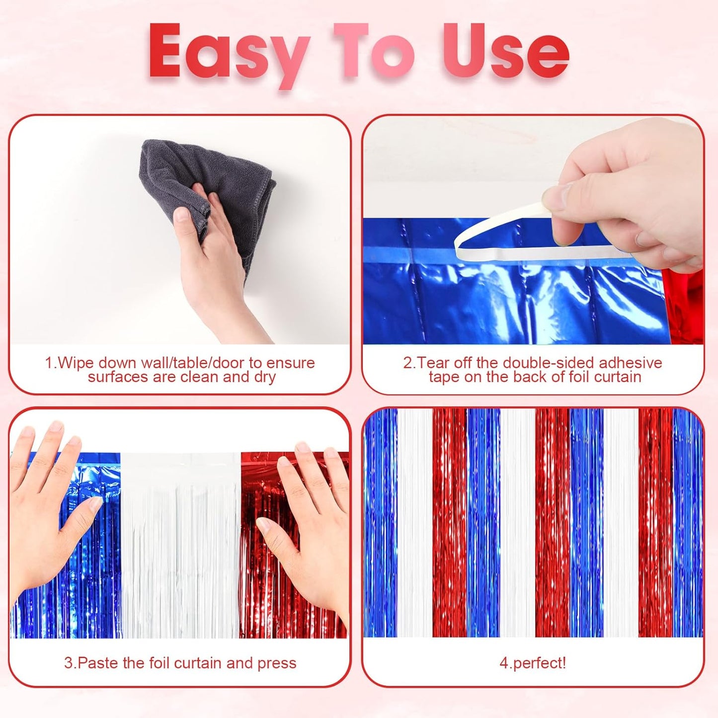 2 Pack Red White and Blue Tinsel Foil Fringe Curtains, 4th of July Decorations, Metallic Tinsel Party Streamers Backdrop for Patriotic, Memorial Day, Independence Day Party Decorations