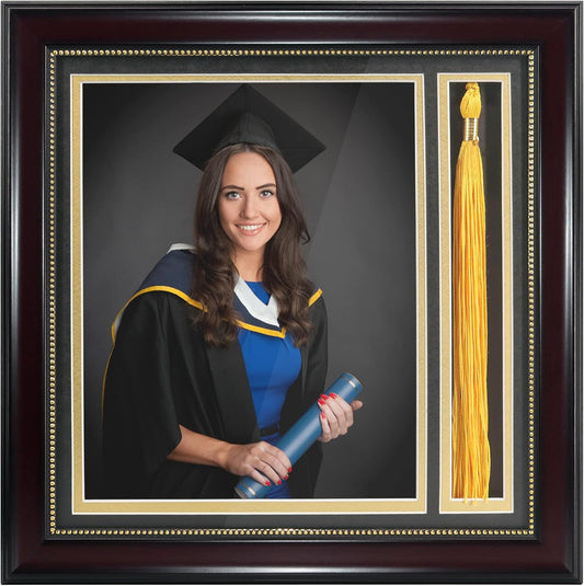 GraduationMall Graduation Photo Shadow Box Frame with Tassel Holder for 8x10 Pictures,Real Glass,Black Over Gold Double Mat,Wall & Tabletop Design