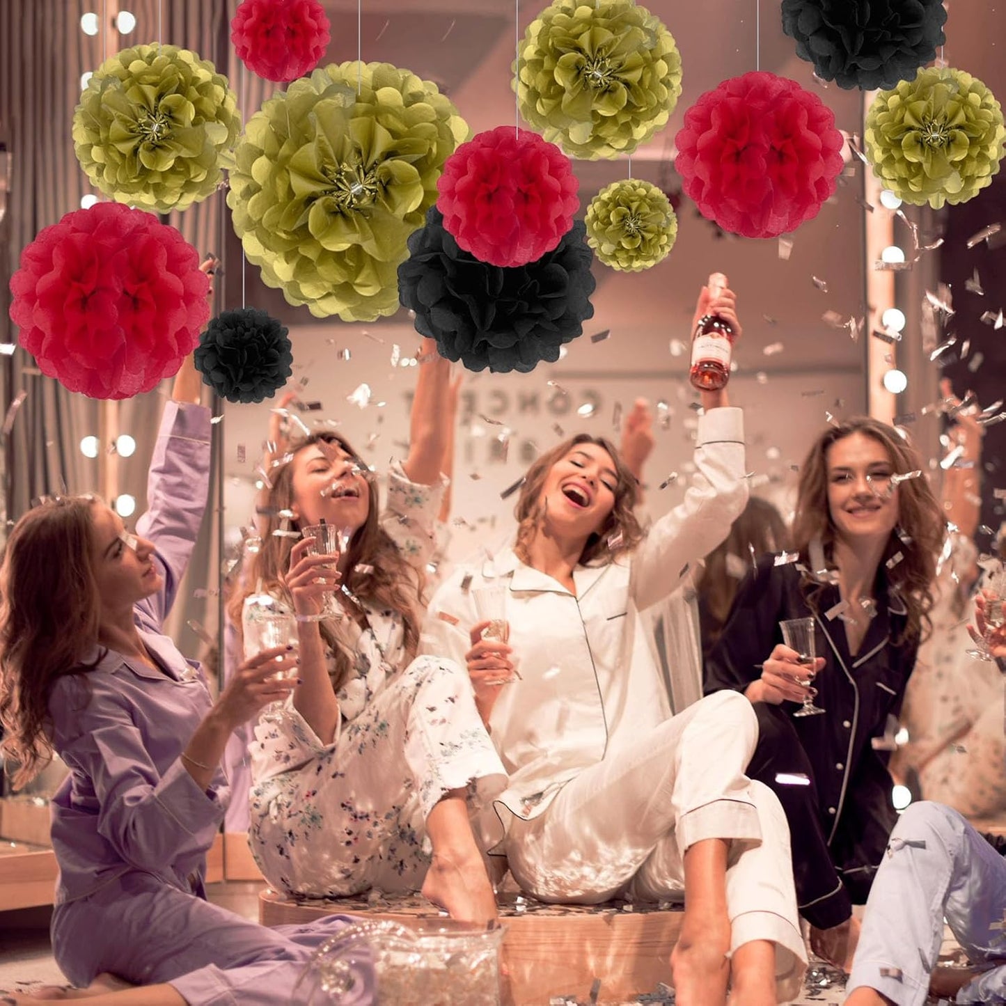 Tissue Paper Pom Poms, Black Gold Red Tissue Paper Flowers, Hanging Flower Balls for Weddings Fiesta Parties Birthday Baby Showers Classroom Bridal Shower Decoration (18Piece Set-6/10/12/14Inch)