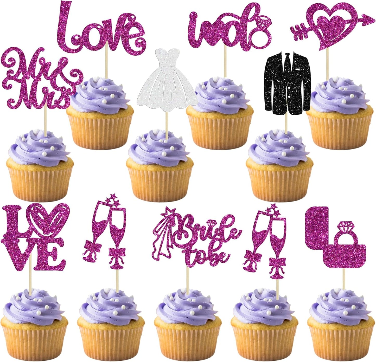 Ephlyn 30Pcs Bride to be Cupcake Toppers Glitter Wedding Cake Topper Decorations I Do Love Heart Ring Cupcake Picks for Bridal Shower Wedding Engagement Party Supplies Purple