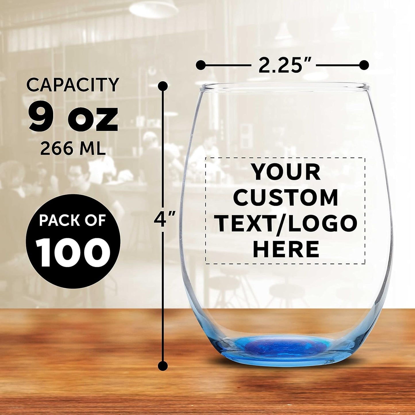 Custom Stemless Wine Glass 9 oz. Set of 100, Personalized Bulk Pack - Great for Wedding Favors, Bachelorette Party Decorations, Party Favors, Color Bottom - Blue