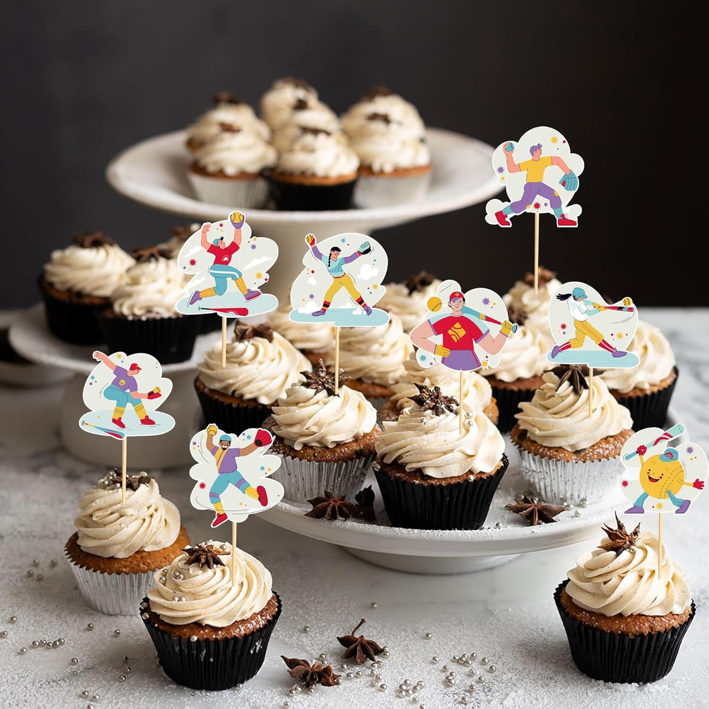 24pcs Baseball Cupcake Toppers Sports Game Baseball Players Cupcake Picks for Sports Baseball Theme Baby Shower Kids Boys Girls Birthday Party Cake Decorations Supplies