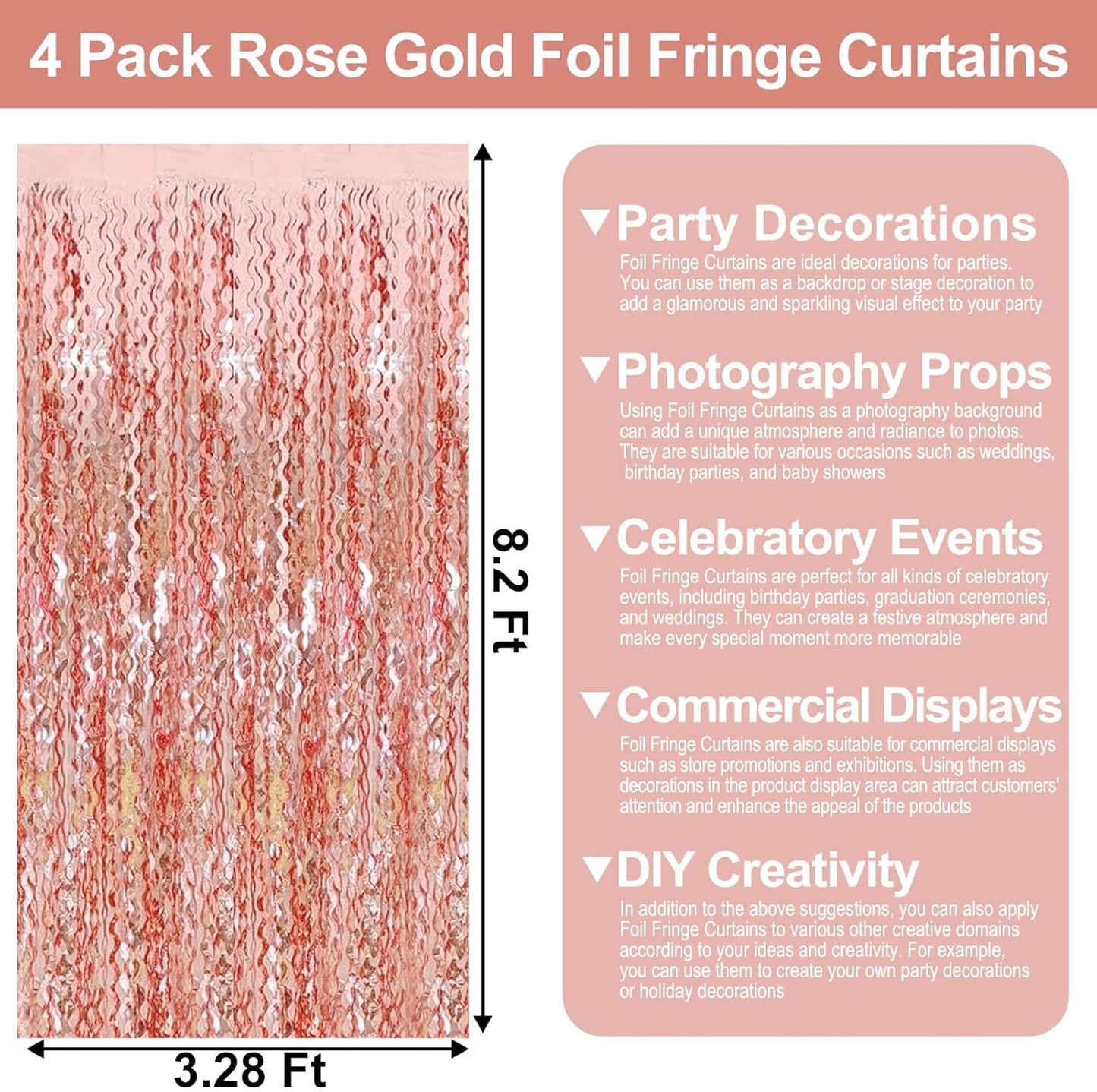 4 Pack Rose Gold Wave Foil Fringe Curtain Backdrop, 3.28Ft x 8.2Ft Metallic Tinsel Foil Fringe Streamer Curtains for Photo Booth, Mother's Day, Easter, Birthday, Wedding Party Decoration