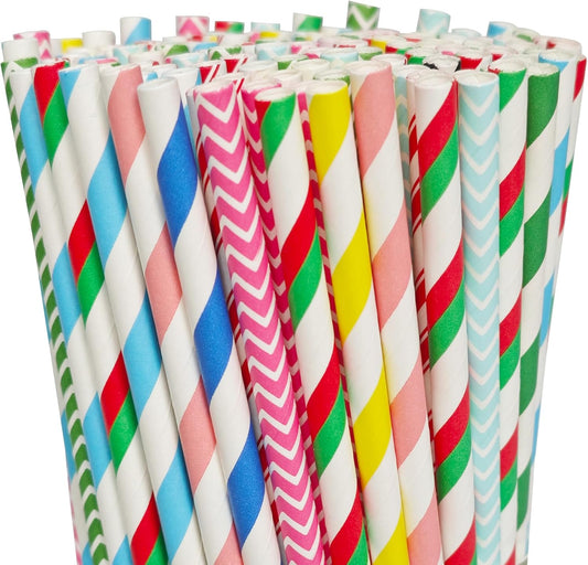 200 Colorful Biodegradable Paper Straws, Stochastic Assorted Striped Straw for Birthdays, Coffee, Cocktail, Lemonade, Milkshake, Weddings, Bridal, Baby Shower, DIY Decorations, Party Supplies