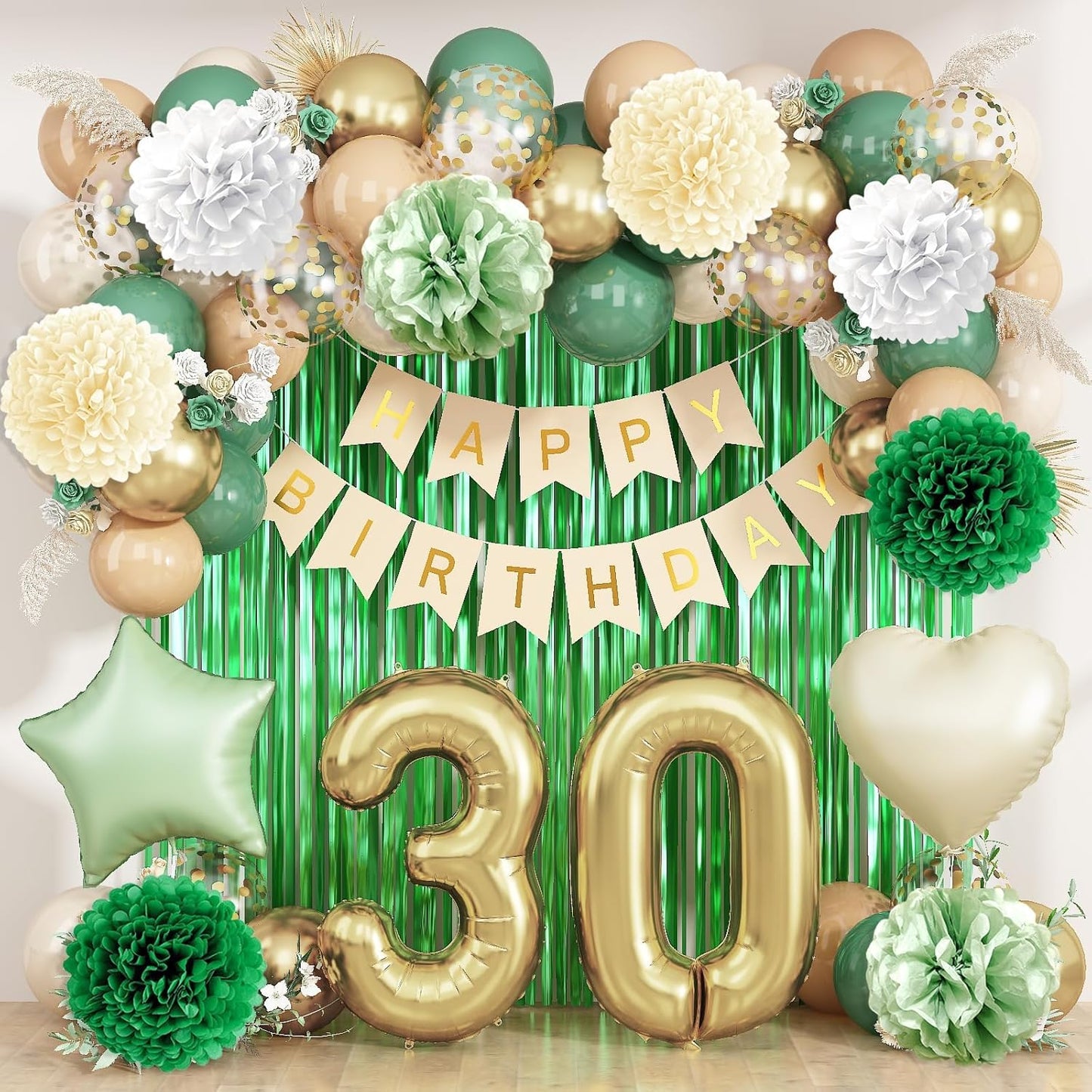 Sage Green 30th Birthday Decorations for Him Gold Number 30 Balloon Nude Gold Happy Birthday Banner Fringe Curtain Paper Pom Poms Olive Green Cream White Sand Star Foil Balloons Party Decor