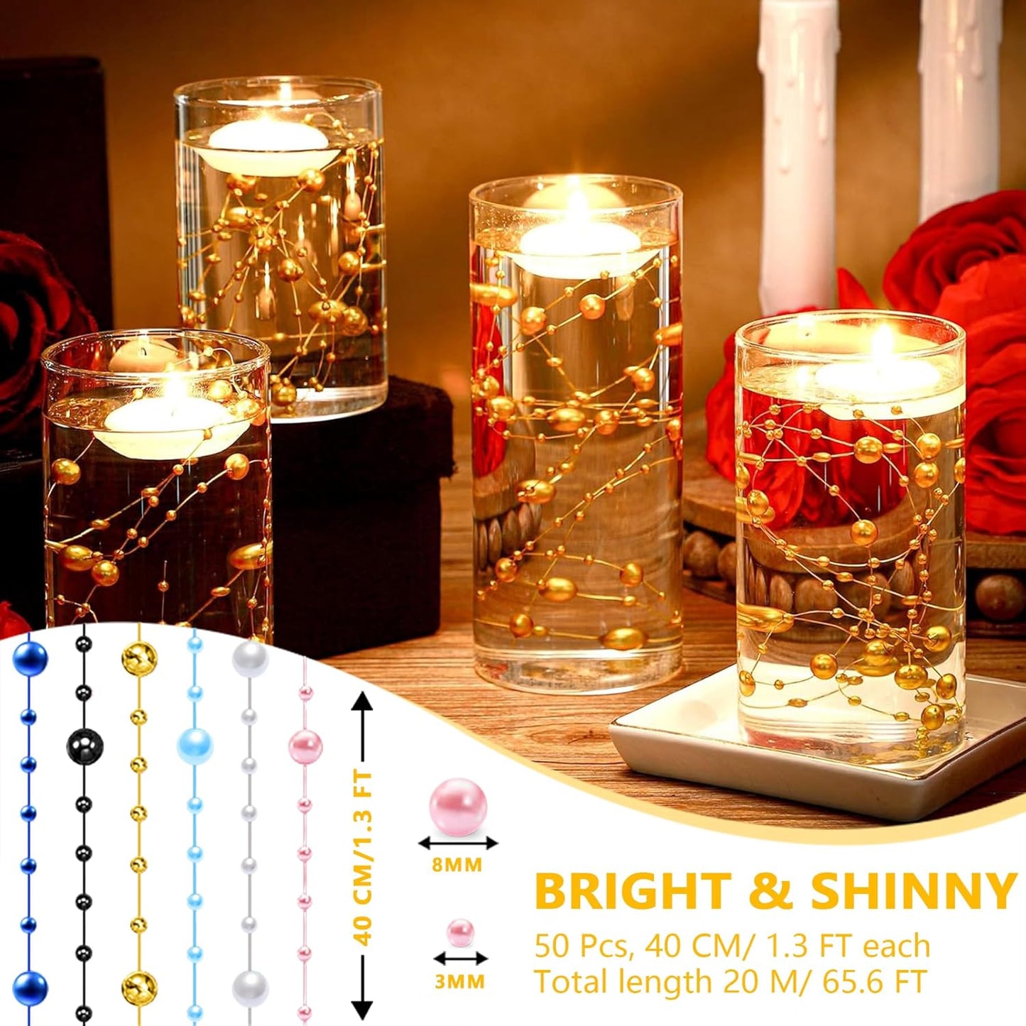 50 PCS Artificial Floating Beads for Centerpieces Vases, Black Gold 8+3mm String Beads for Wedding Party Faux Pearl String for Decorating, String Pearls for Crafts Vase Filler