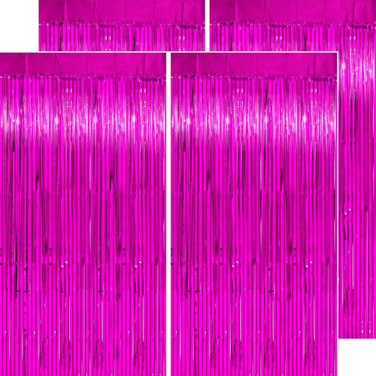 Hot Pink Streamers Party Decorations - Thicken 4 Pack 3.2x8.2 FT - Hot Pink Tinsel Foil Fringe Backdrop Curtains for Birthday, Bachelorette, Graduation, Summer Hawaiian Party Decorations