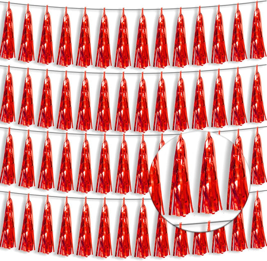 4P Red Foil Fringe Tassel Banner Garland Metallic Tinsel Streamers Wall Hanging Curtain Backdrop Banner for Parade Floats, 2024 Graduation Decorations, Wedding Party Decoration