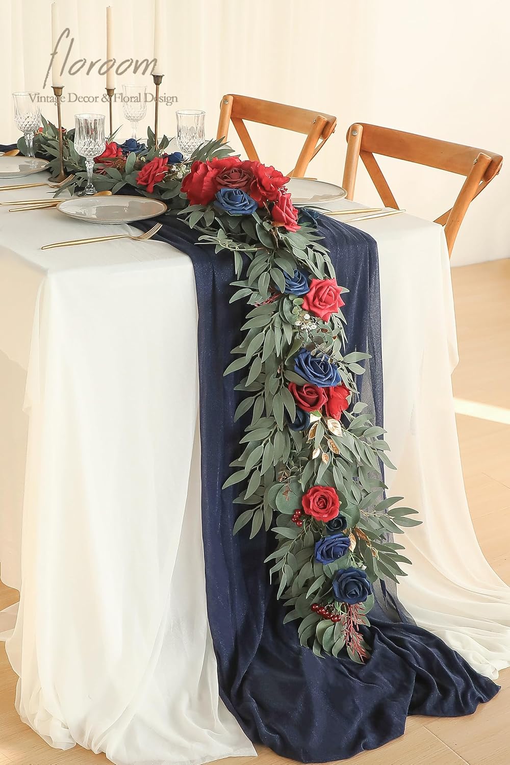 Floroom 6ft Artificial Eucalyptus Garland with Flowers Fake Greenery Faux Floral Vine Garland for Table Decor Wedding Centerpieces Bridal Shower Party Decorations, Dark Red Burgundy Navy