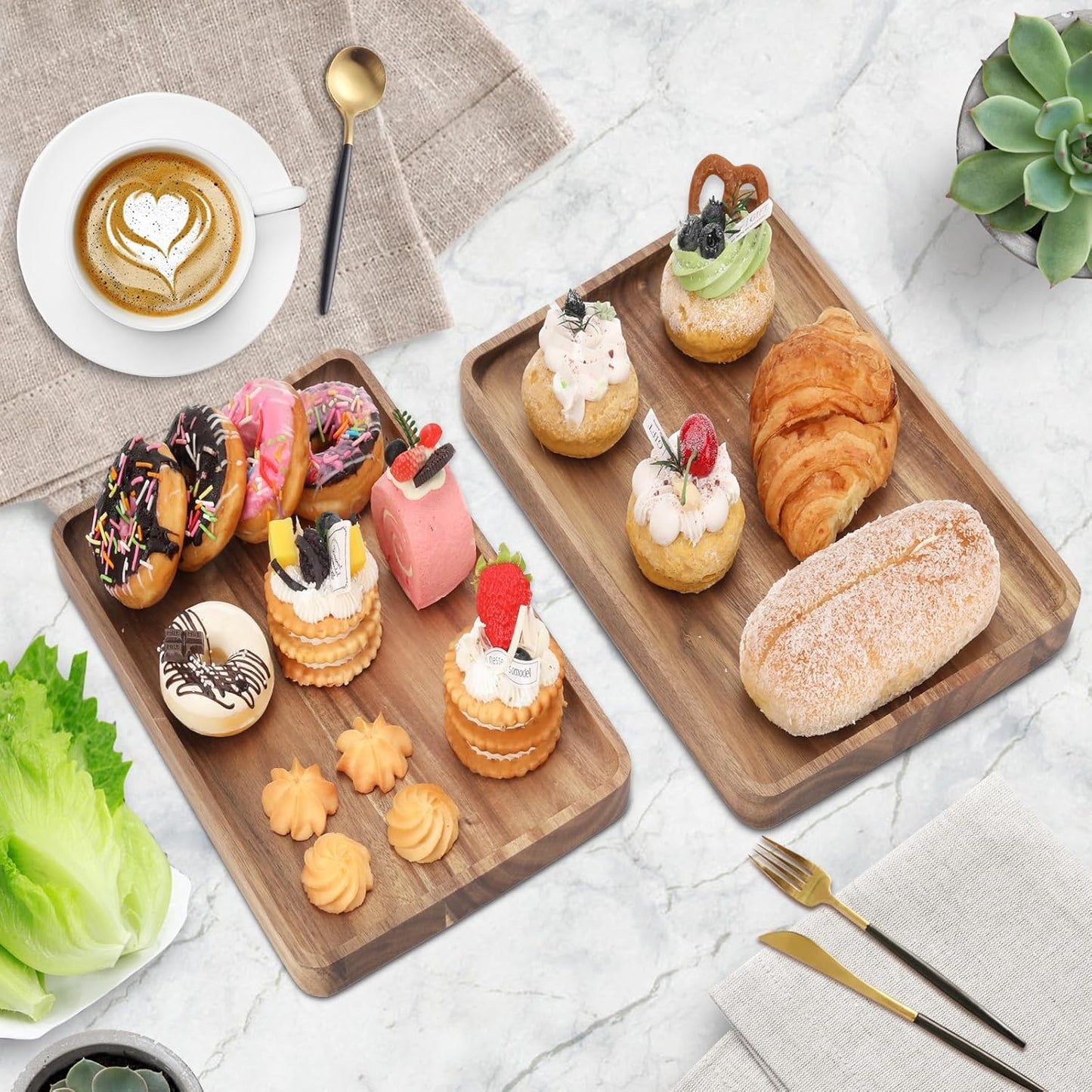 2 PCS 16 x 12 in Large Solid Acacia Wood Serving Trays Rectangular Wooden Serving Platters Natural Wooden Boards for Bar Coffee Party（Wood Log Color）