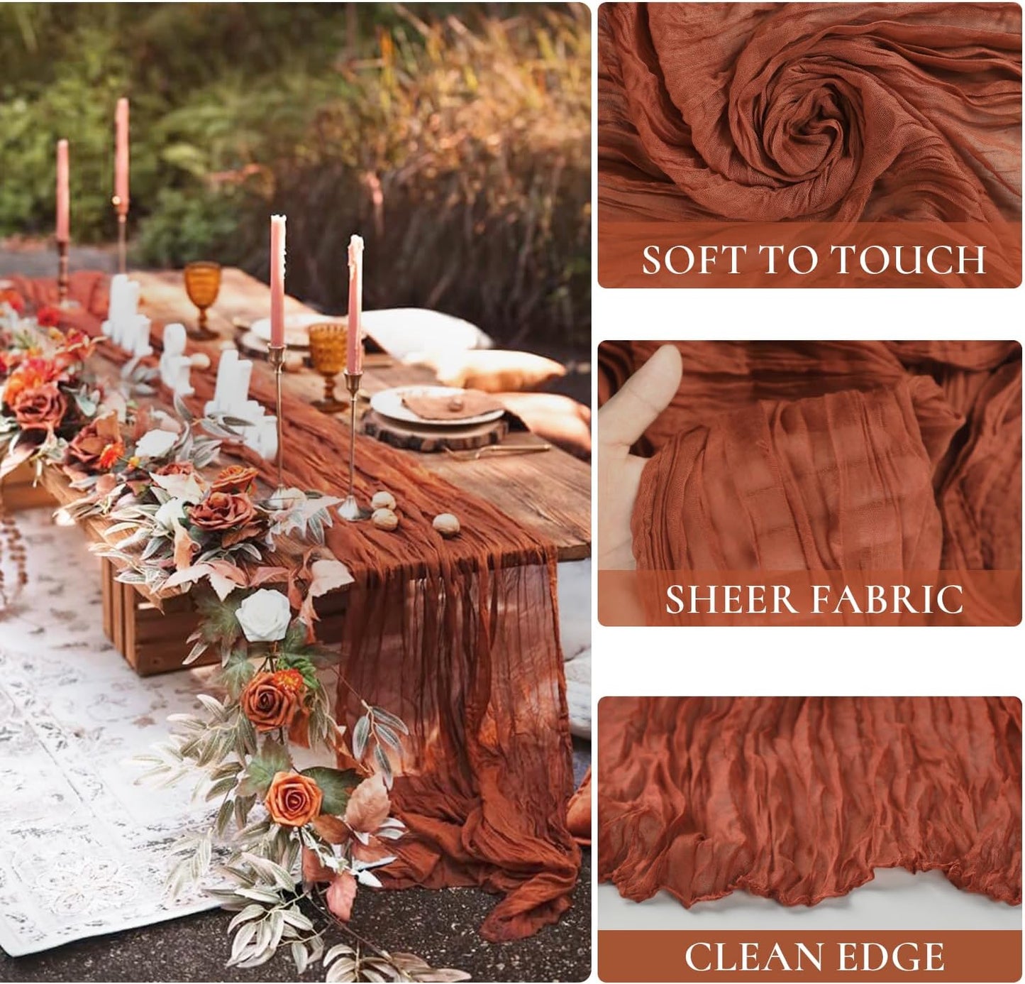 12 Pack Fall Table Runner Terracotta Cheesecloth Table Runner 35x120 Inch Rust Gauze Burnt Orange Cheese Cloth for Wedding Baby Bridal Shower Party Centerpiece Sheer Thanksgiving Fall Decorations