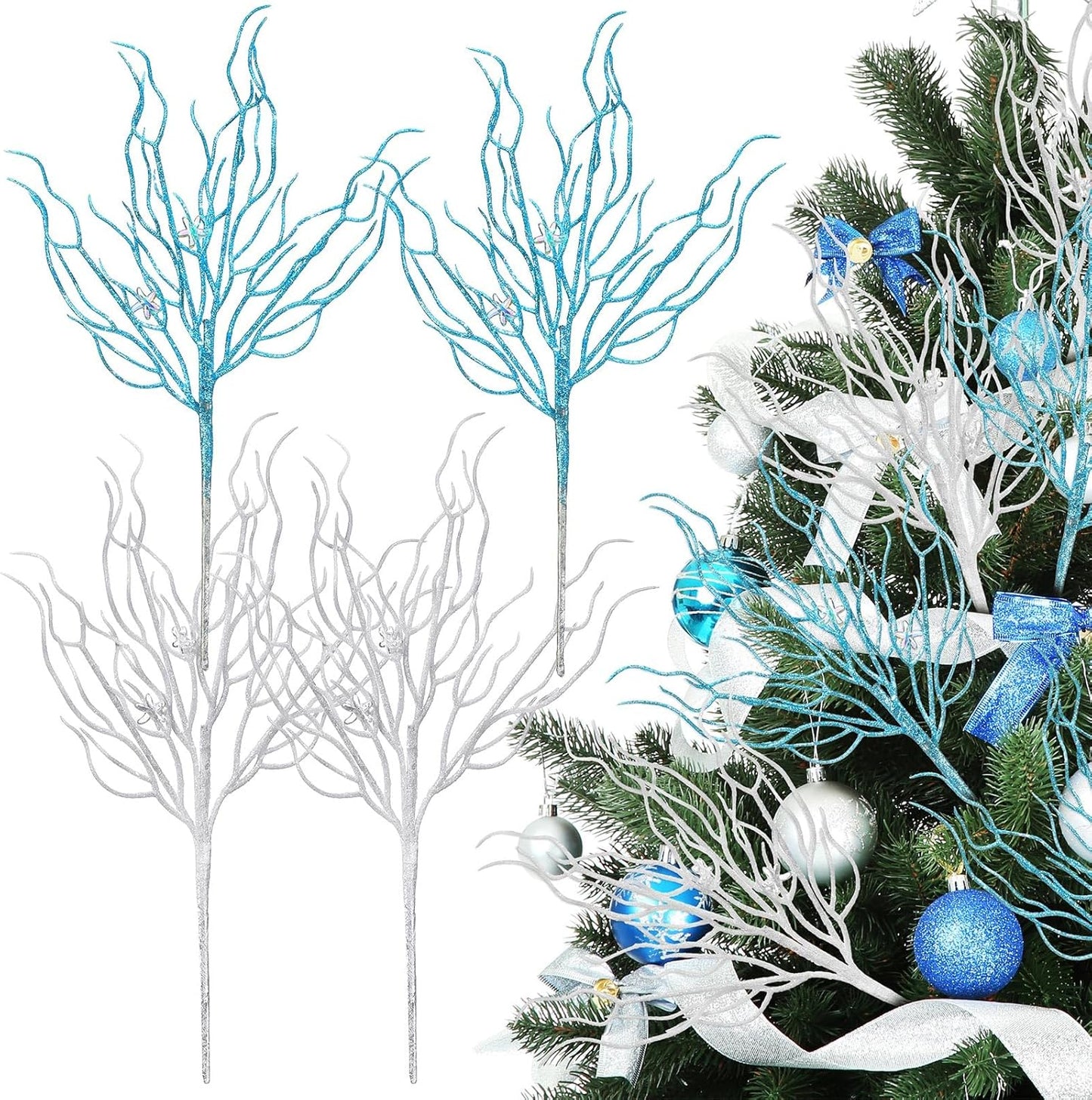 8 Pcs Blue White Coastal Ornaments for Christmas Tree 15.7inch Glitter Coral Beach Ocean Spray Pick Branch Christmas Tree Topper Decorations Filler Twigs for Xmas Vase Wreaths Gift