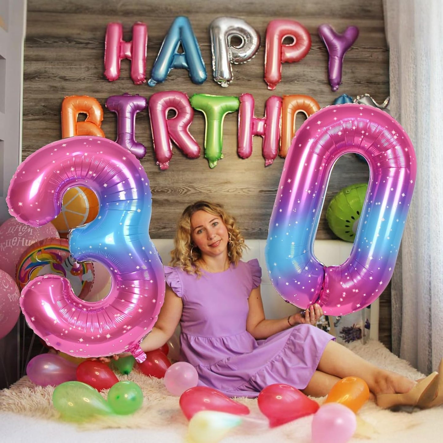 40'' Rainbow Number 7 Balloons, Giant Self Inflating Gradient Blue Pink Foil Number Balloons Set 0-9, Starry Digital 7 Helium Balloon for Girls 7th Birthday Party Decorations Anniversary Supplies