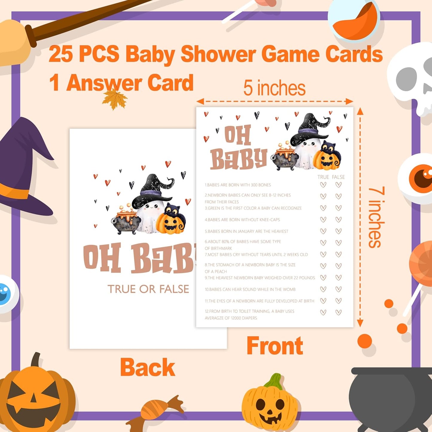 Baby Shower Games, Halloween Oh Baby True or False, 25 Double-Sided Game Cards + 1 Answer Card for Gender Reveal Party Decorations Supplies Announcement - B04