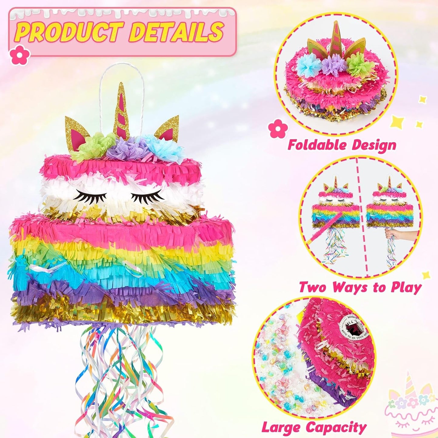 WERNNSAI Unicorn Cake Piñata Foldable - Unicorn Party Decorations Pink Girl Birthday Party Games Princess Pinata with Blindfold Bat and Tassels Happy Birthday Supplies for Kids Girls Classroom Game